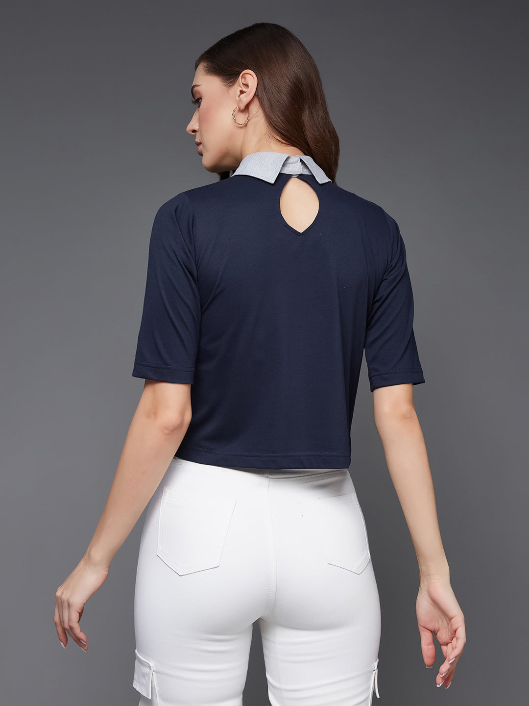 Women's Navy Blue and Grey Collar Neck Half Sleeves Solid Boxy Crop Top
