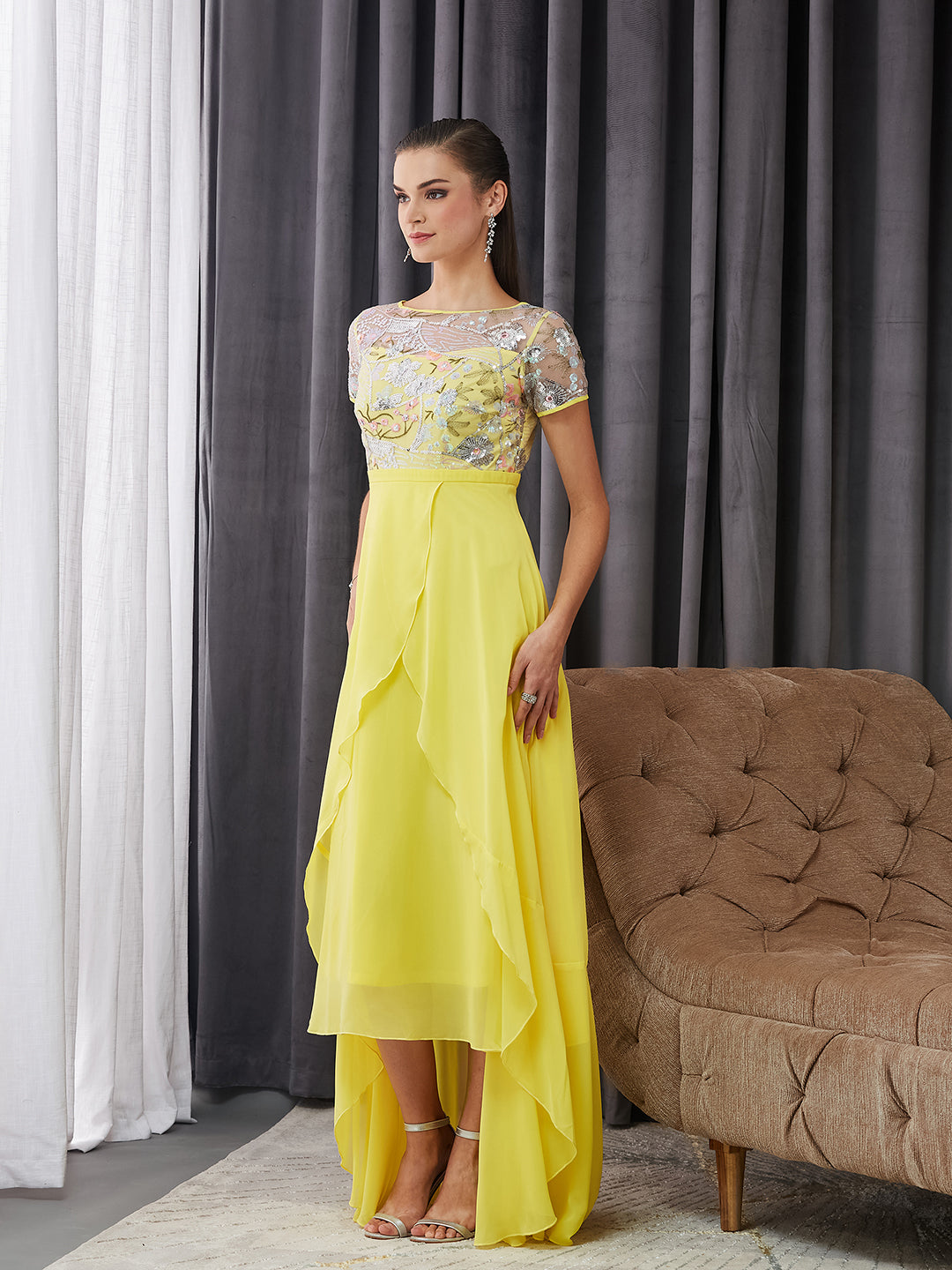 Women's Multicolored-Base-Yellow Round Neck Short Sleeve Floral Layered Georgette Midi Dress