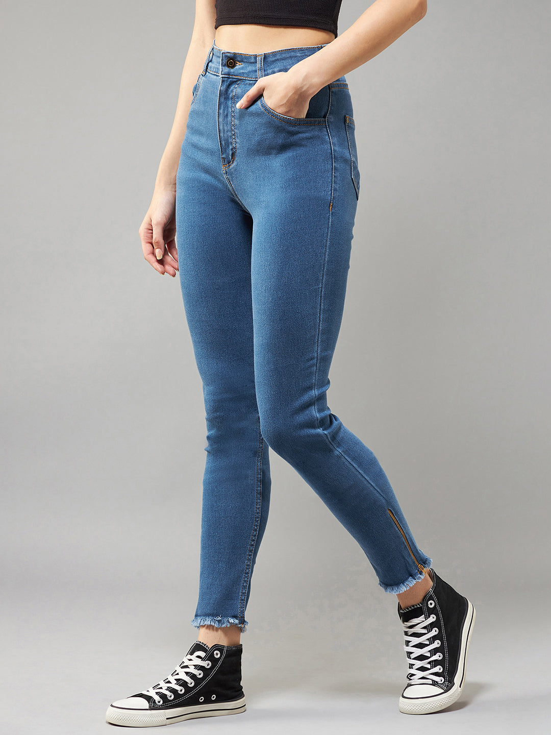 24/7 Comfort Mid-Blue Skinny-Fit High-Rise Clean-Look Fringe And Side Zipper Detailing Cropped Denim Jeans for Women