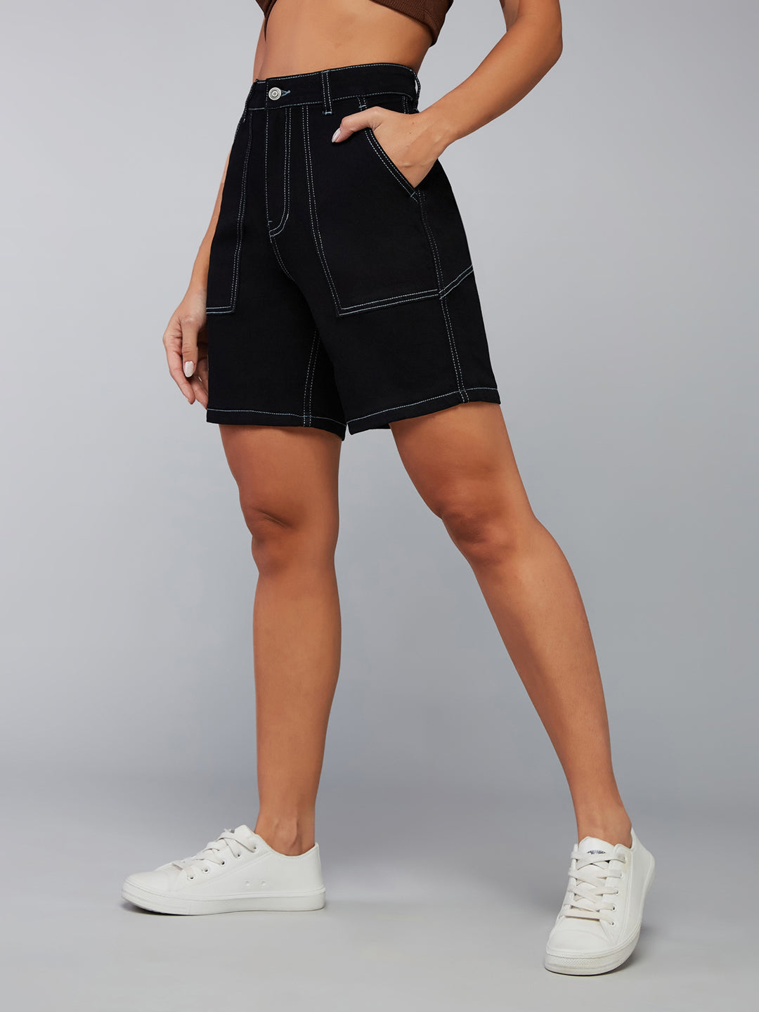 Women's Black Regular High-Rise Clean-Look Above Knee Stretchable Denim Shorts