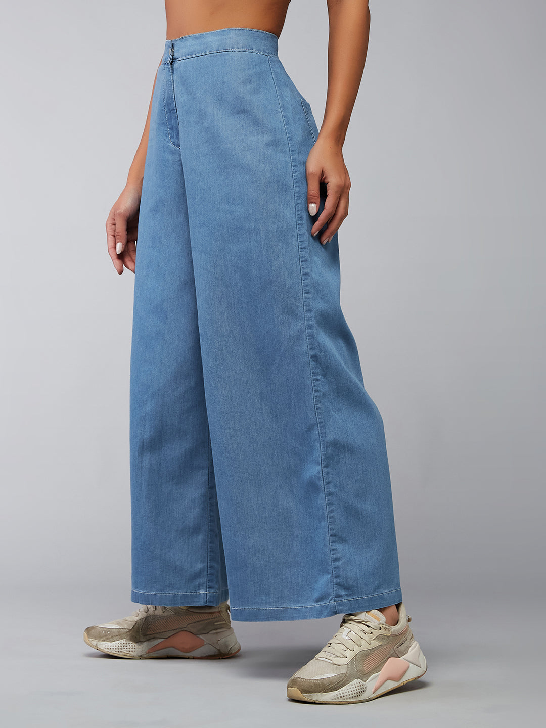 Women's Blue Flared Wide-Leg High-Rise Light Weight Non Stretchable Denim Culottes Pants
