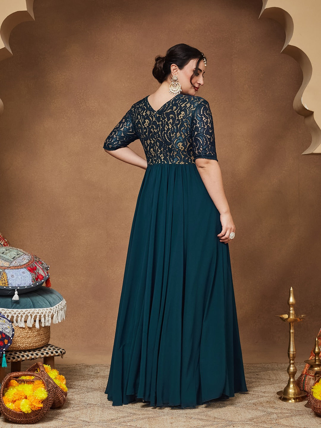 Teal V-Neck Half Sleeve Self Designed Wrap Georgette Maxi Dress for Women