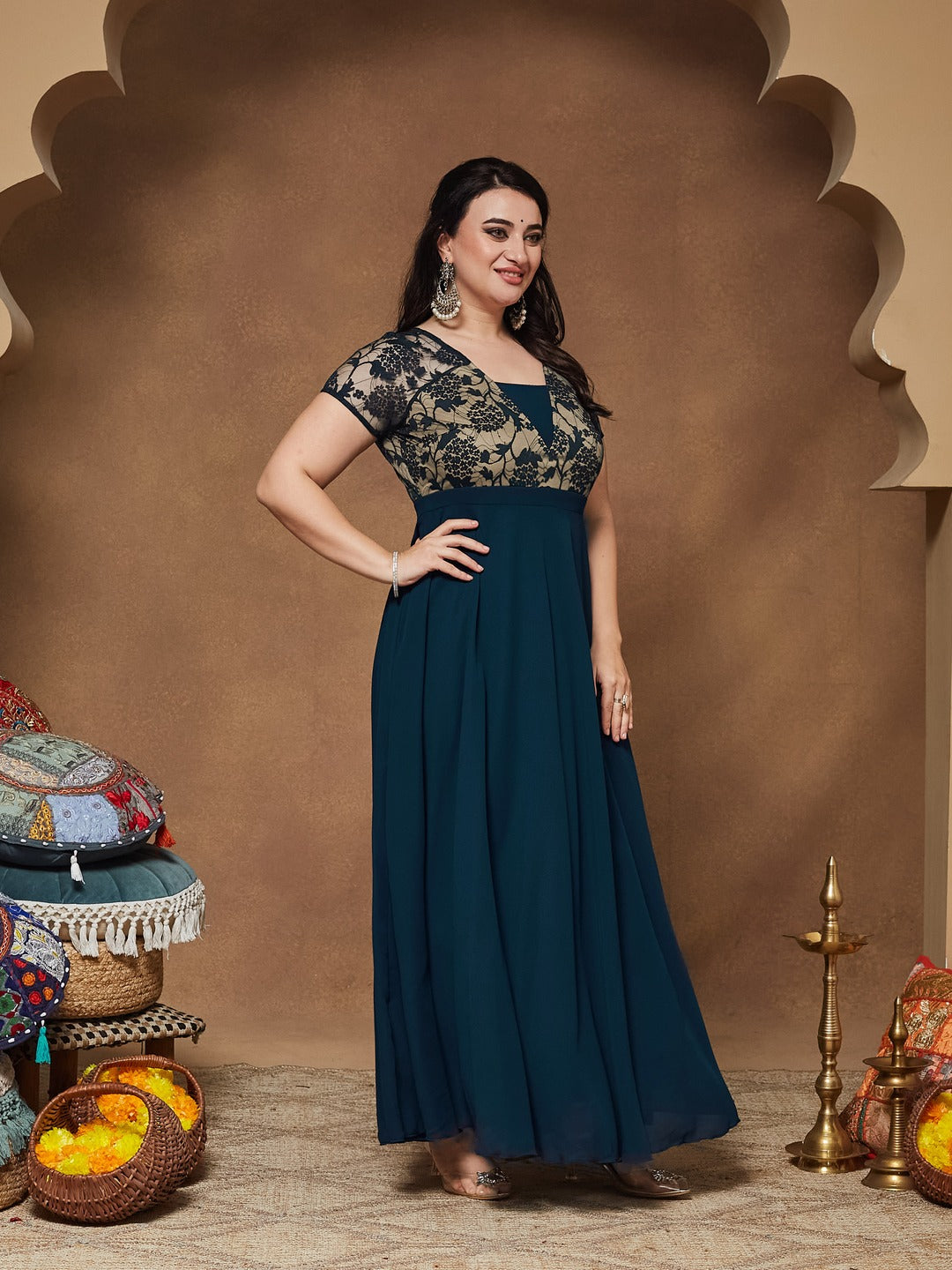 Teal Square Neck Raglan Short Sleeve Self Design Lace Overlaid Georgette Maxi Dress for Women — Miss Chase A+