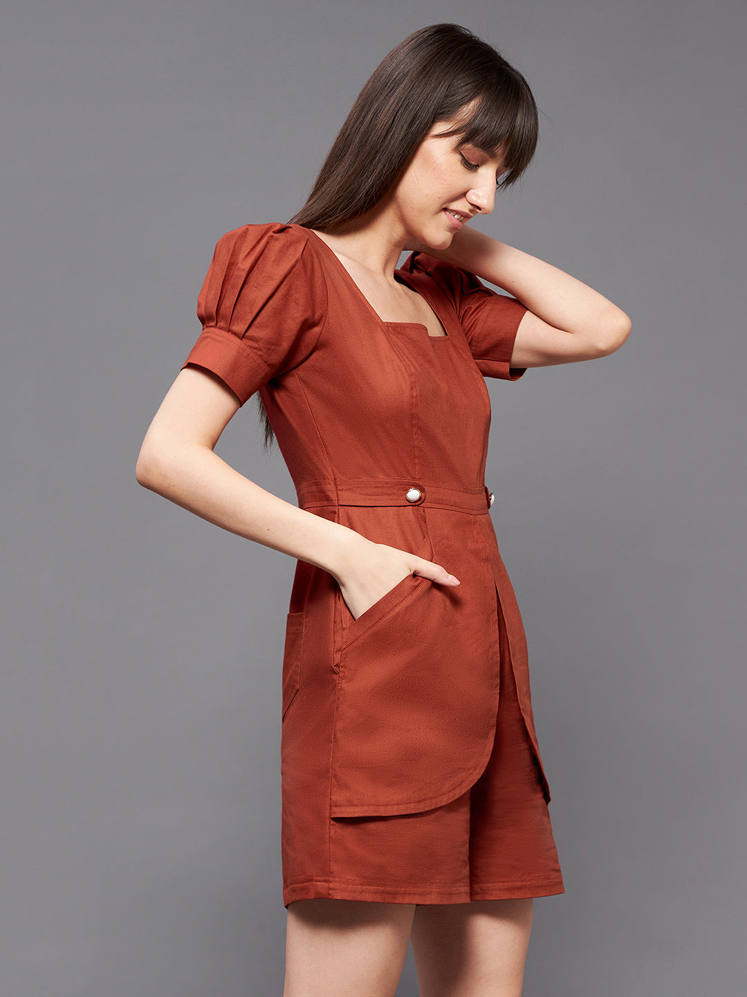 Women's Rust Square Neck Pleated Cotton Solid Flap Pockets Short Playsuit