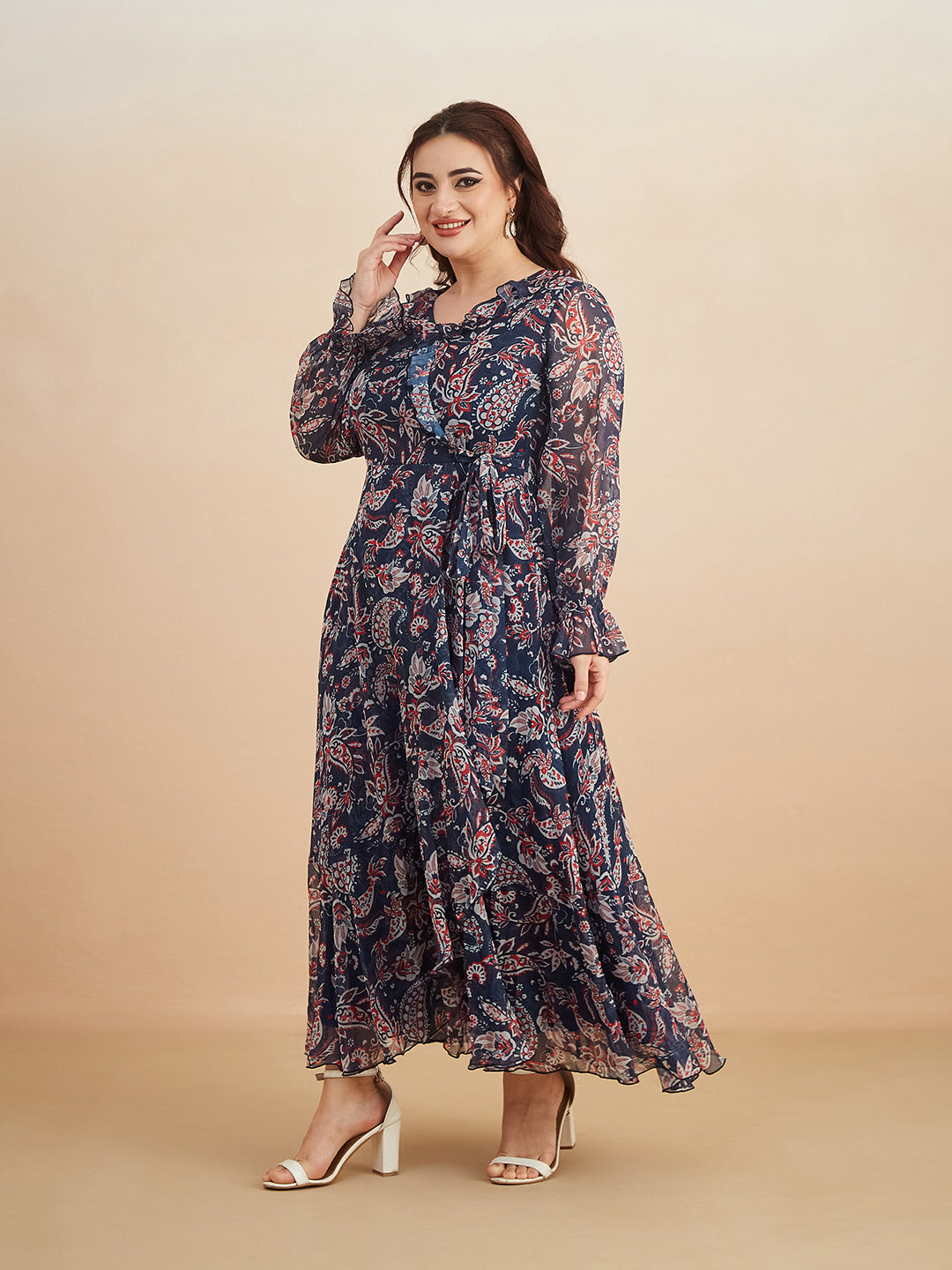 Multicolored-Base-Navy Blue V Neck Full Sleeves Polyester Relaxed Fit Midi Length Dress for Women