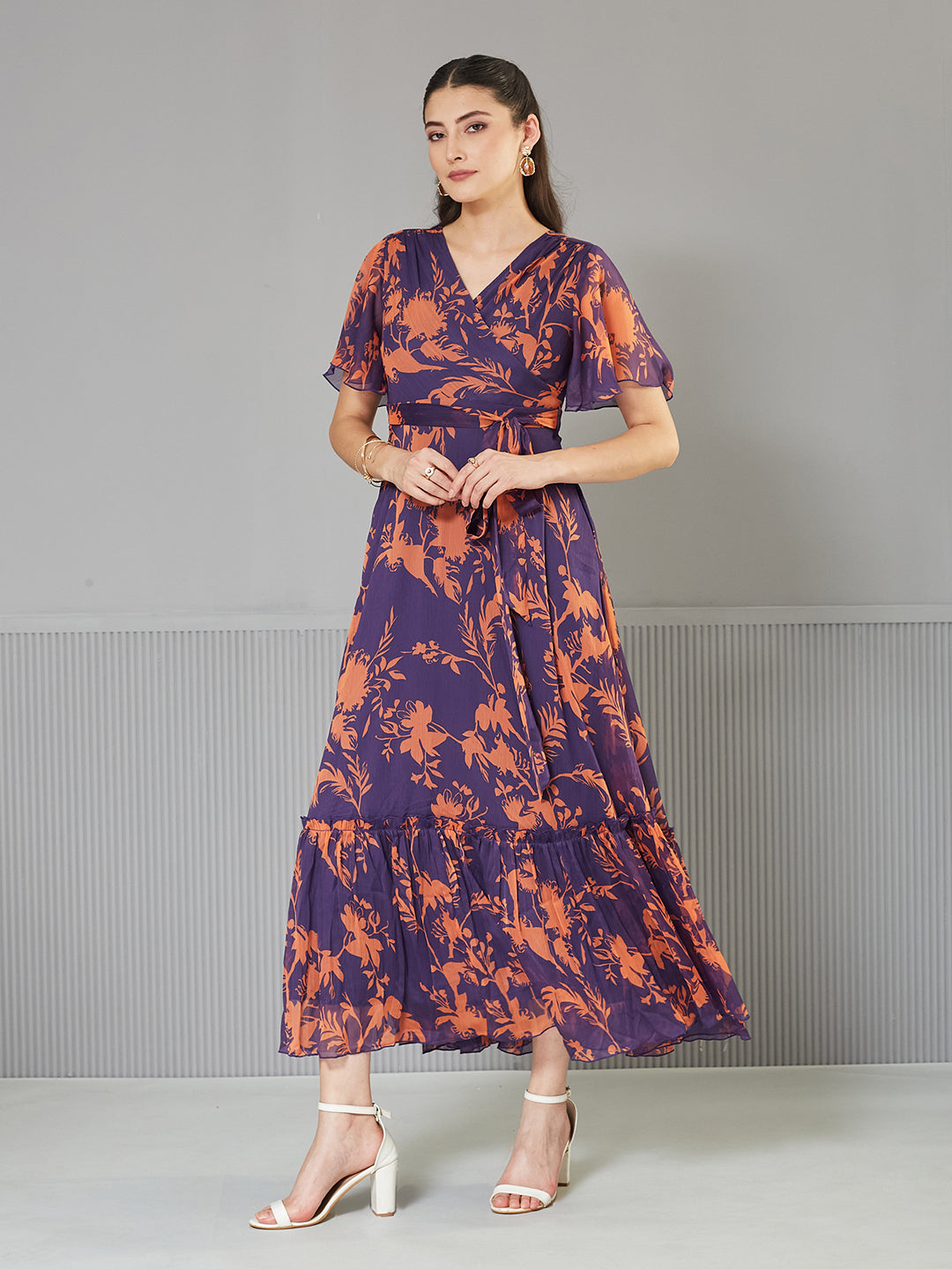 Women's Orange & Purple Floral Wrap Chiffon Maxi Dress with Flutter Sleeves & Frilled Hem