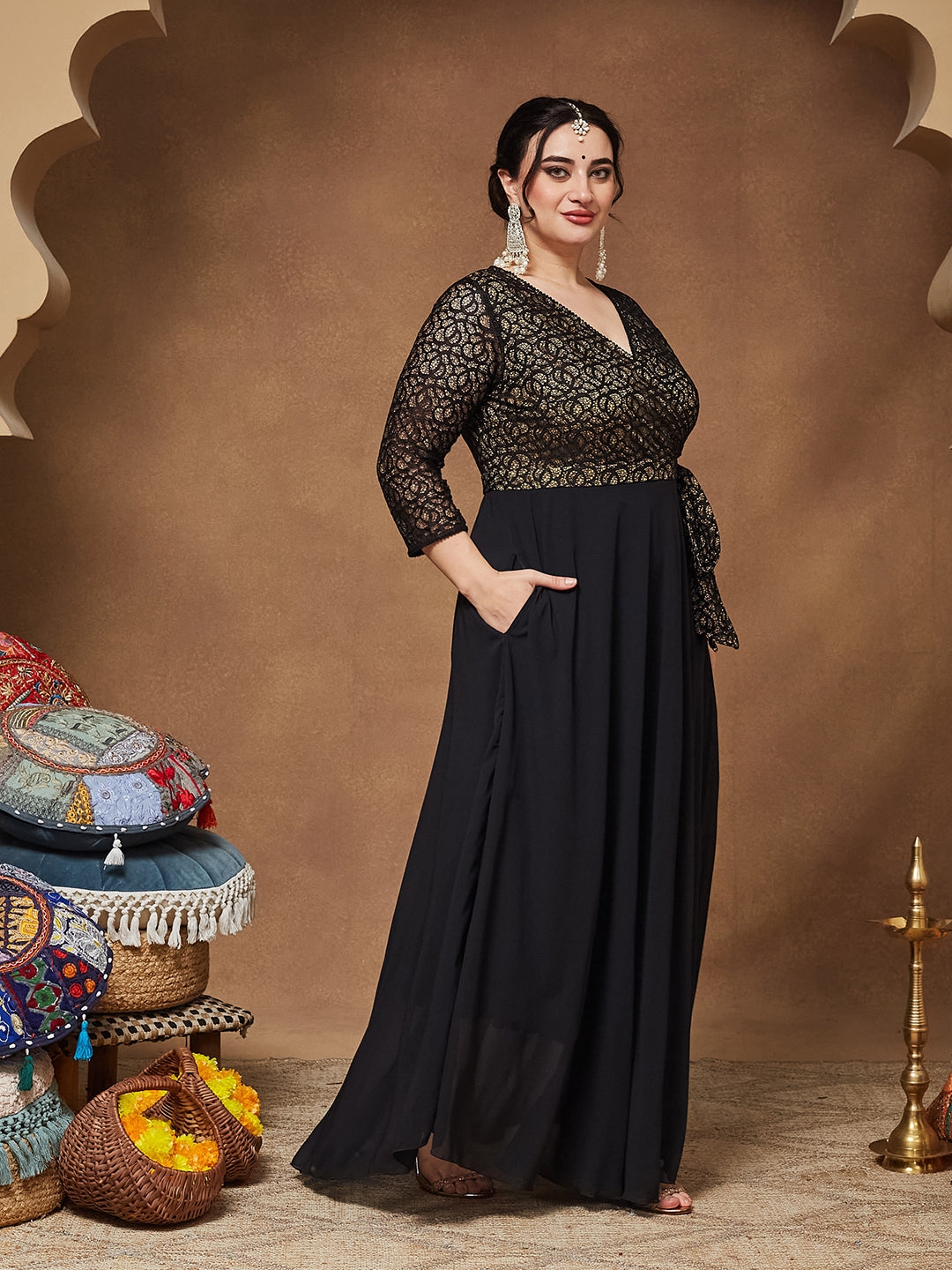 Black Self-Designed Relaxed Fit V-Neck 3/4th Sleeve Georgette And Lace Maxi Dress for Women — Miss Chase A+