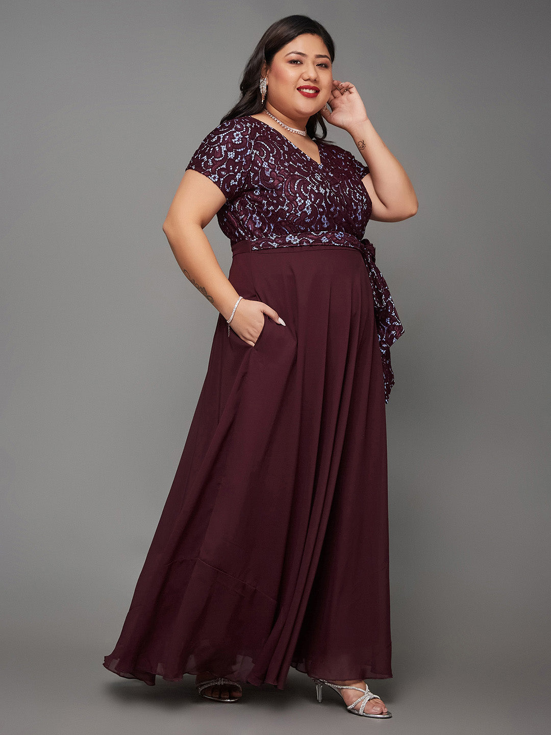 Body Bliss Wine Colored Lace Overlaid Maxi Georgette Dress