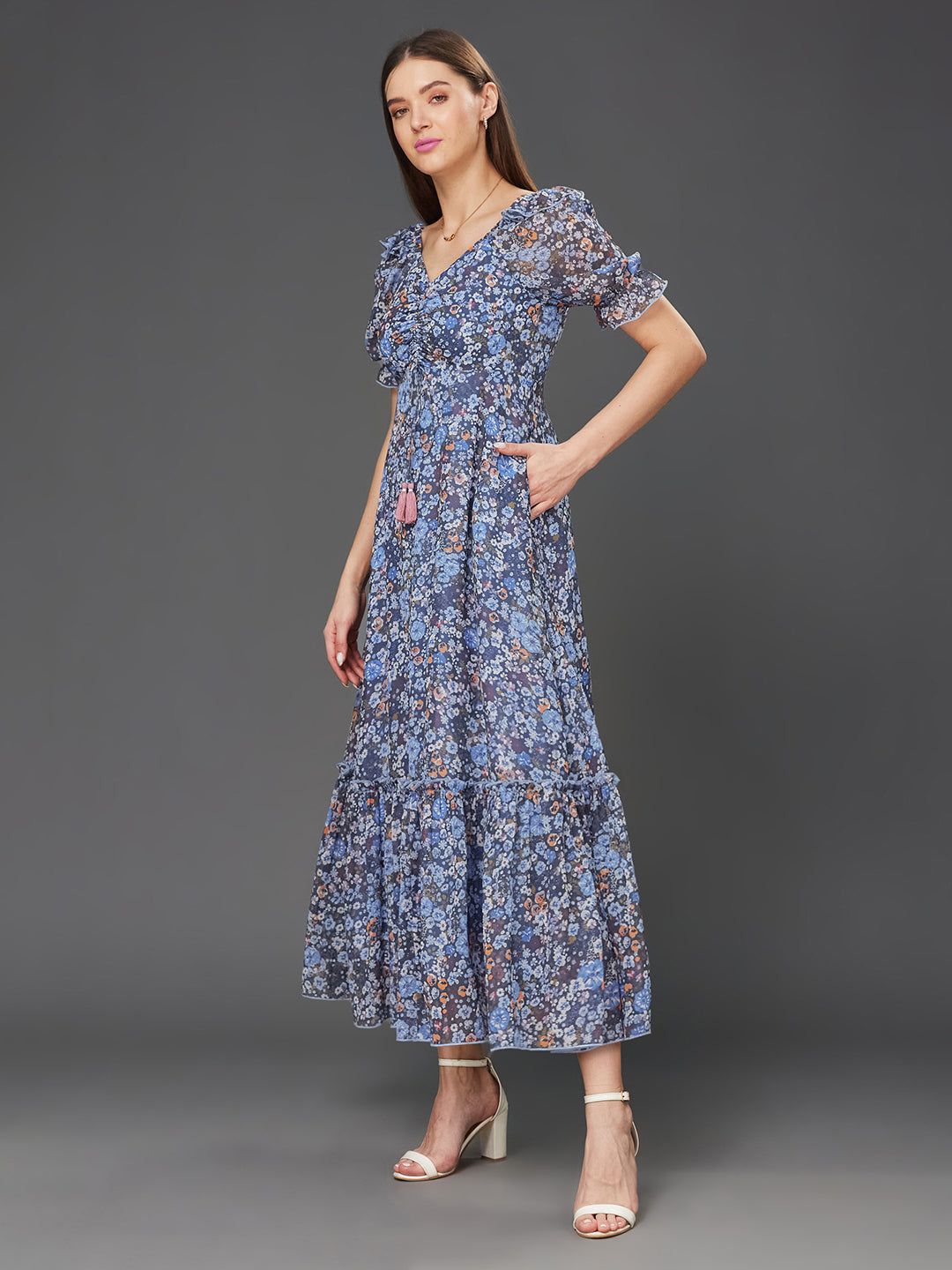 Navy Blue Multicoloured Floral Printed Puff Sleeves Sweetheart Neck Fit and Flare Maxi Dress Long Dress Frock