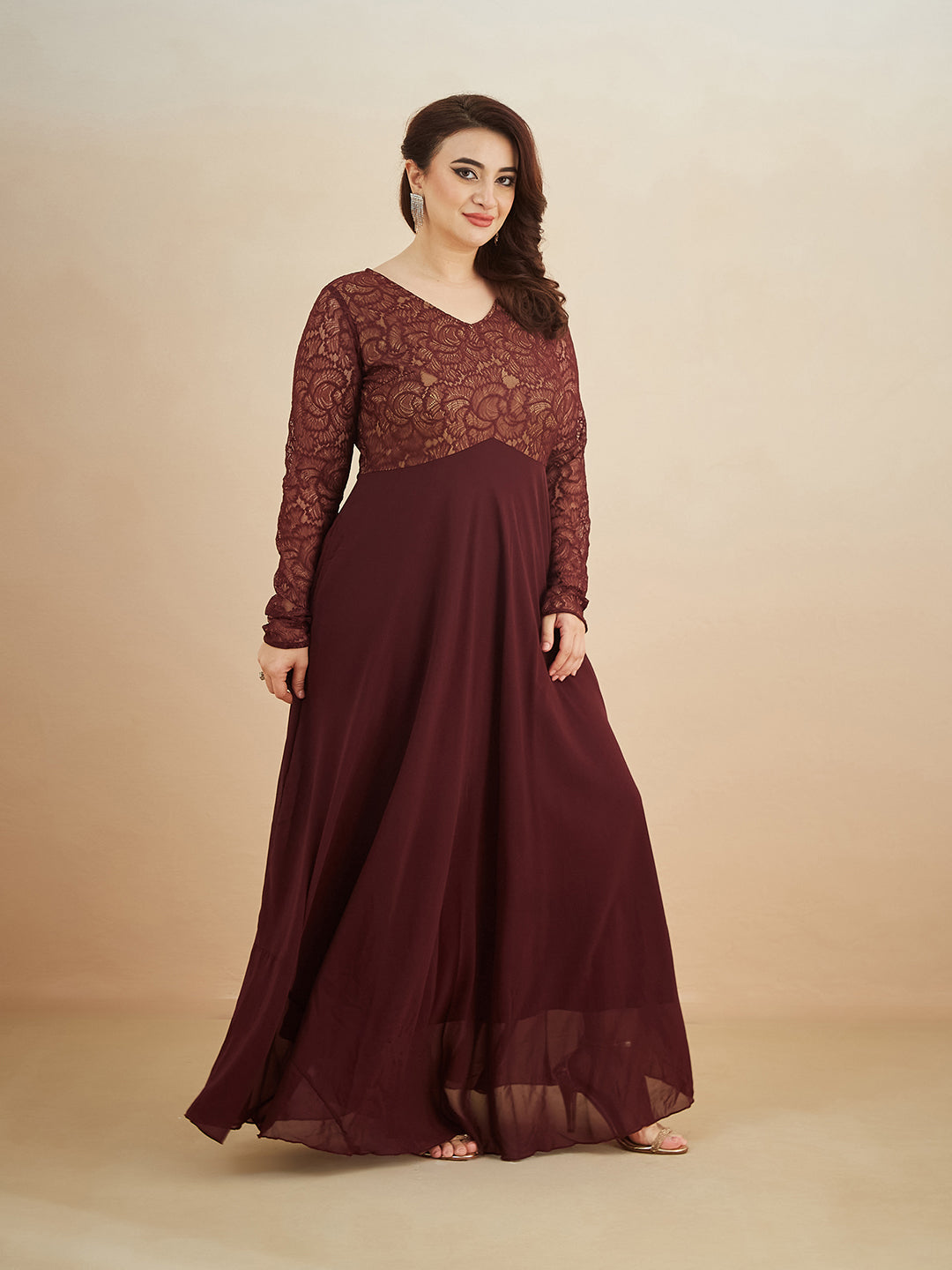 Wine V-Neck Full Sleeve Self Design Lace-Overlaid Georgette Maxi Dress for Women — Miss Chase A+