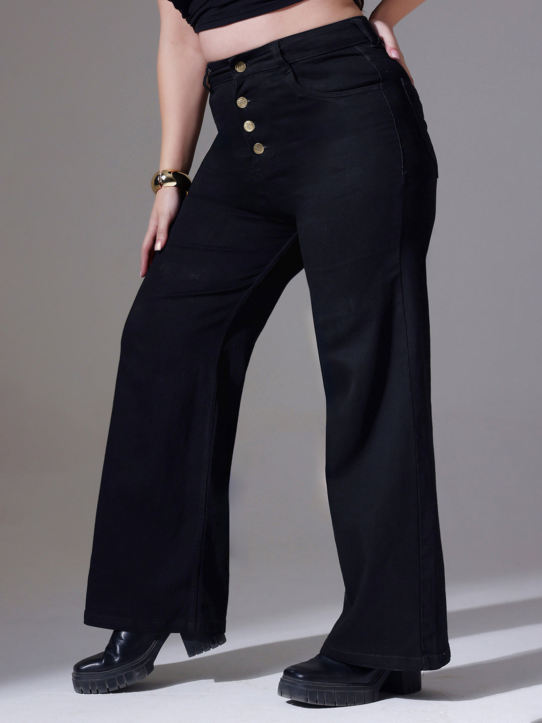 24/7 Comfort Black Wide-Leg High-Rise Clean-Look Regular Stretchable Denim Jeans