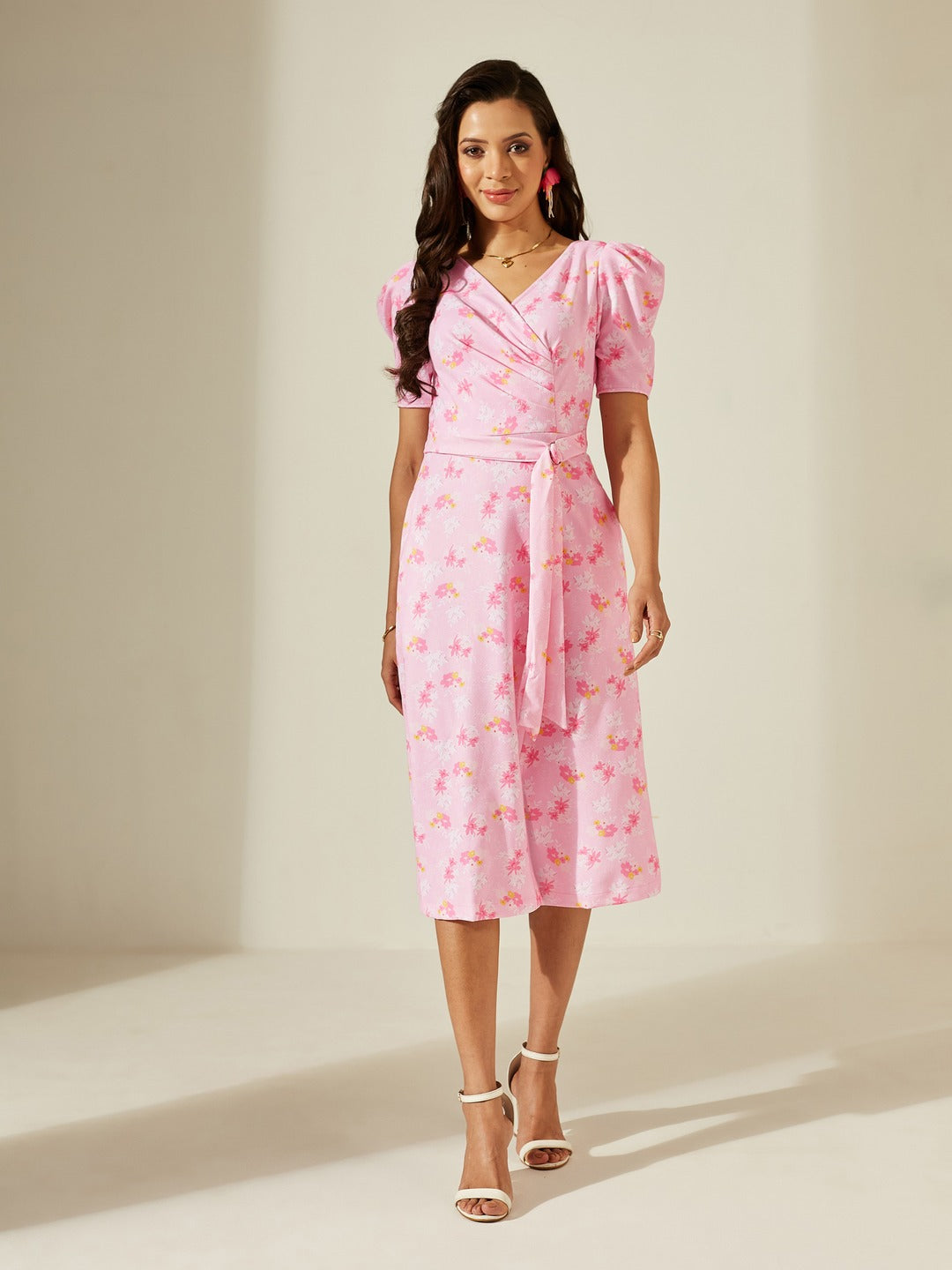 Pink V-neck Puff Sleeve Floral Wrap Midi Dress for Women