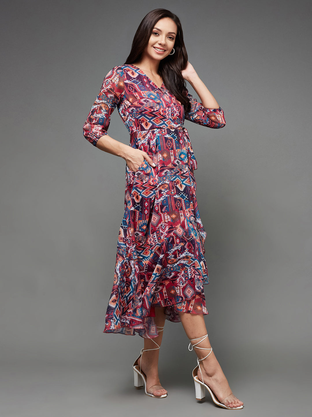 Women's Multicolored V-Neck Three-Quarter Sleeve Geometric Patterned Wrap Midi Chiffon Dress