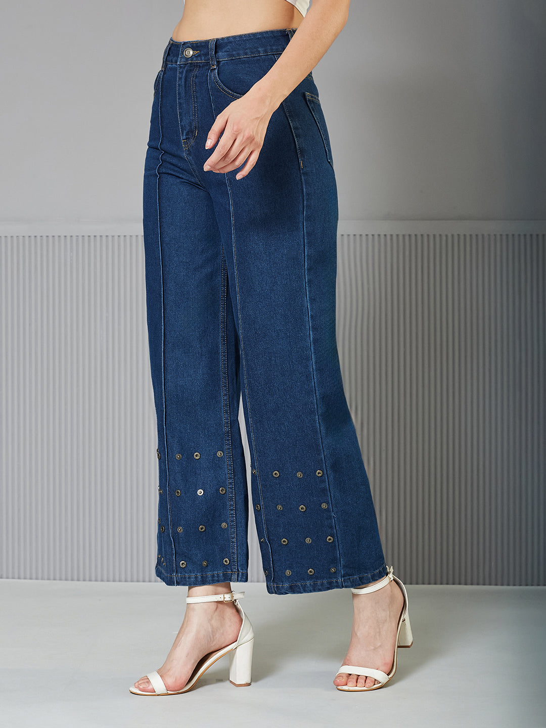 Navy Blue Wide-Leg High-Rise Denim Jeans for Women