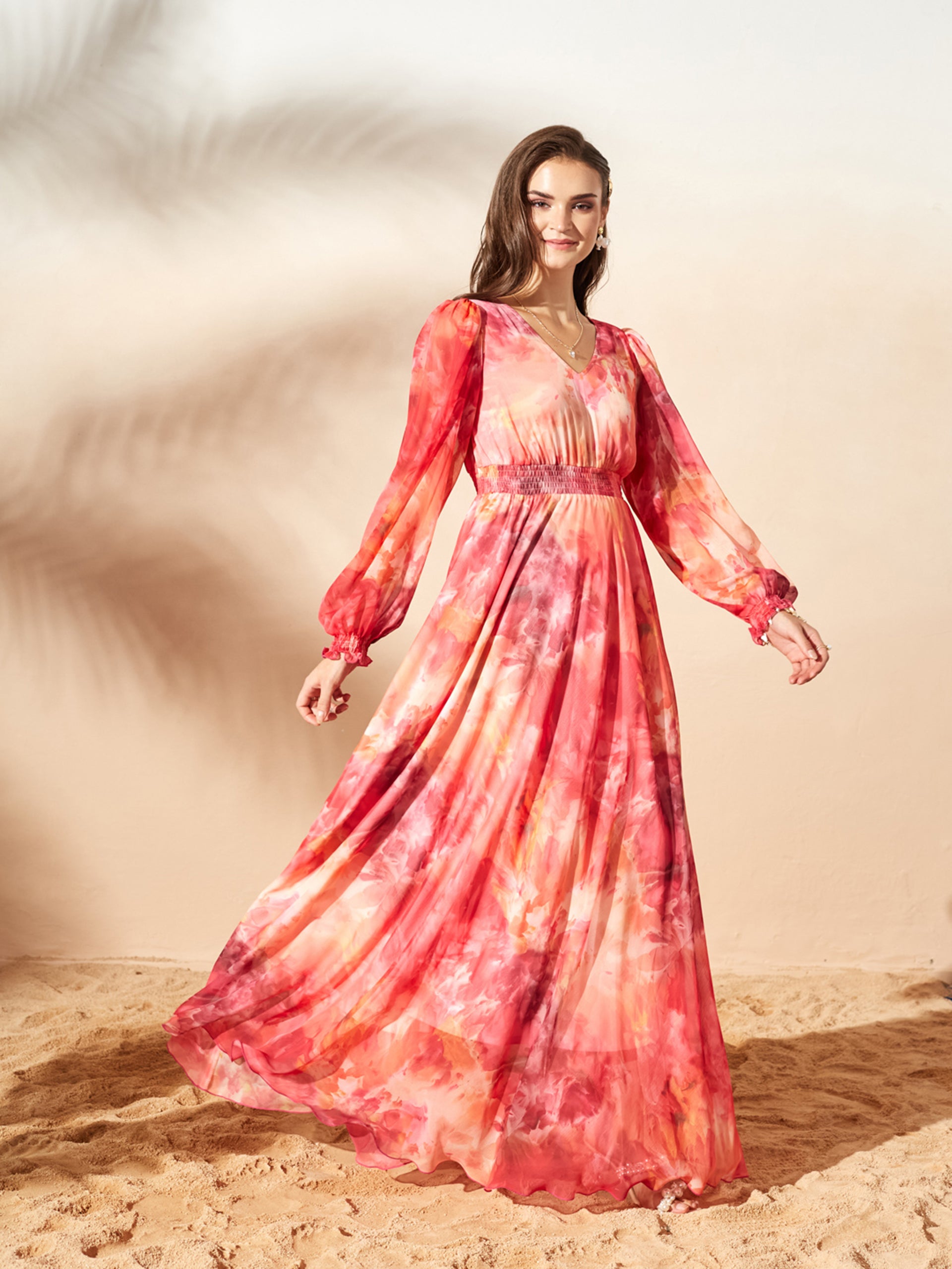 Orange Full Sleeves Floral Printed Fit and Flare Dress for Women