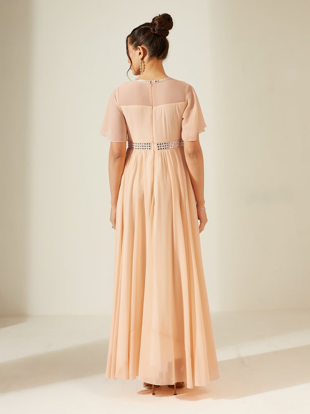 Peach V-Neck Flared/ Bell Sleeves Georgette Solid Fit & Flare Maxi Dress for Women