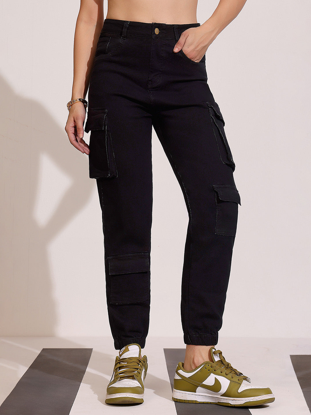 Black Regular High-Rise Clean-Look Regular Stretchable Denim Joggers for Women — Dolce Crudo