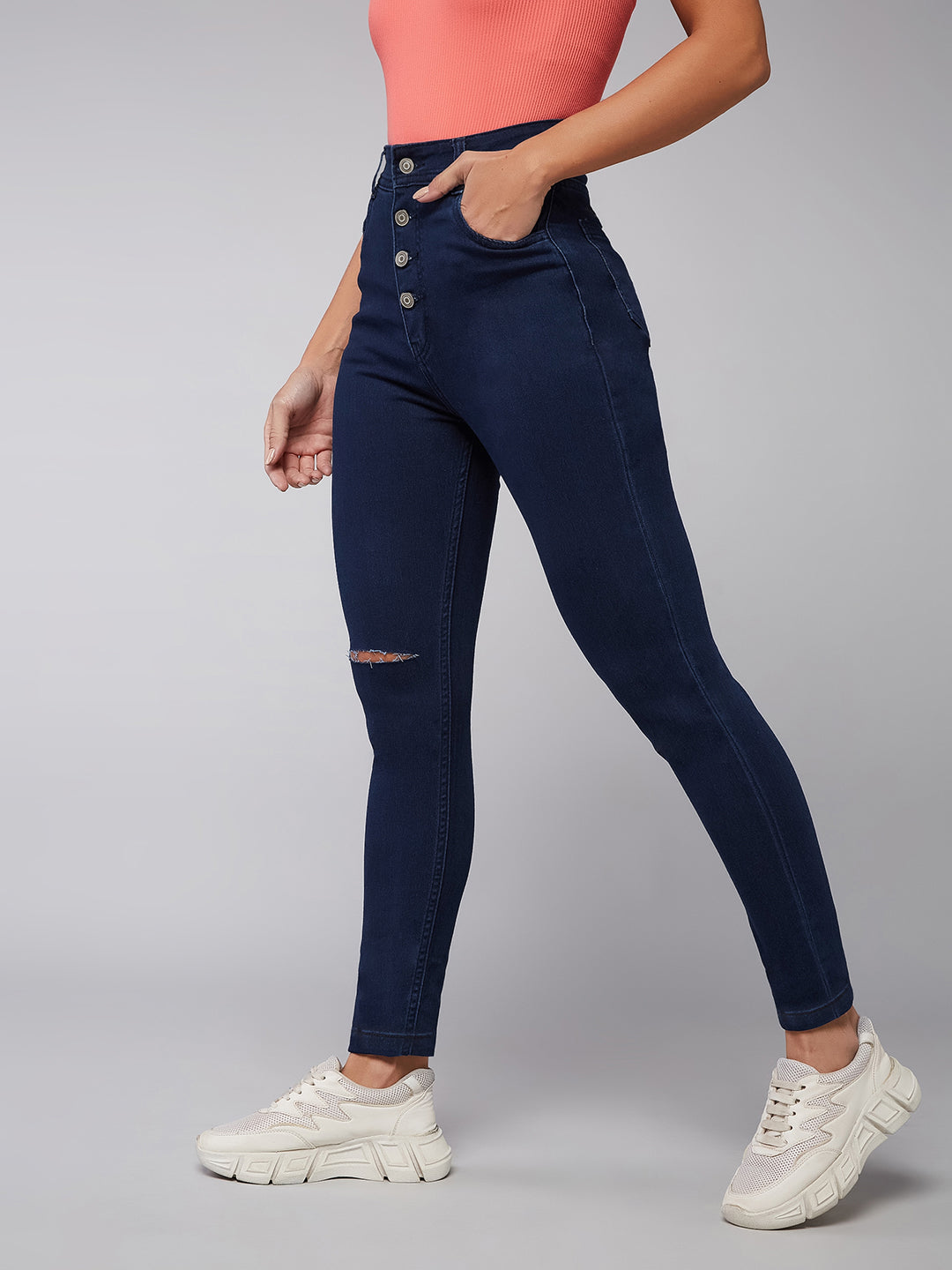CHASEstretch™ Navy-Blue Skinny High-Rise Knee-Slit Denim Jeans