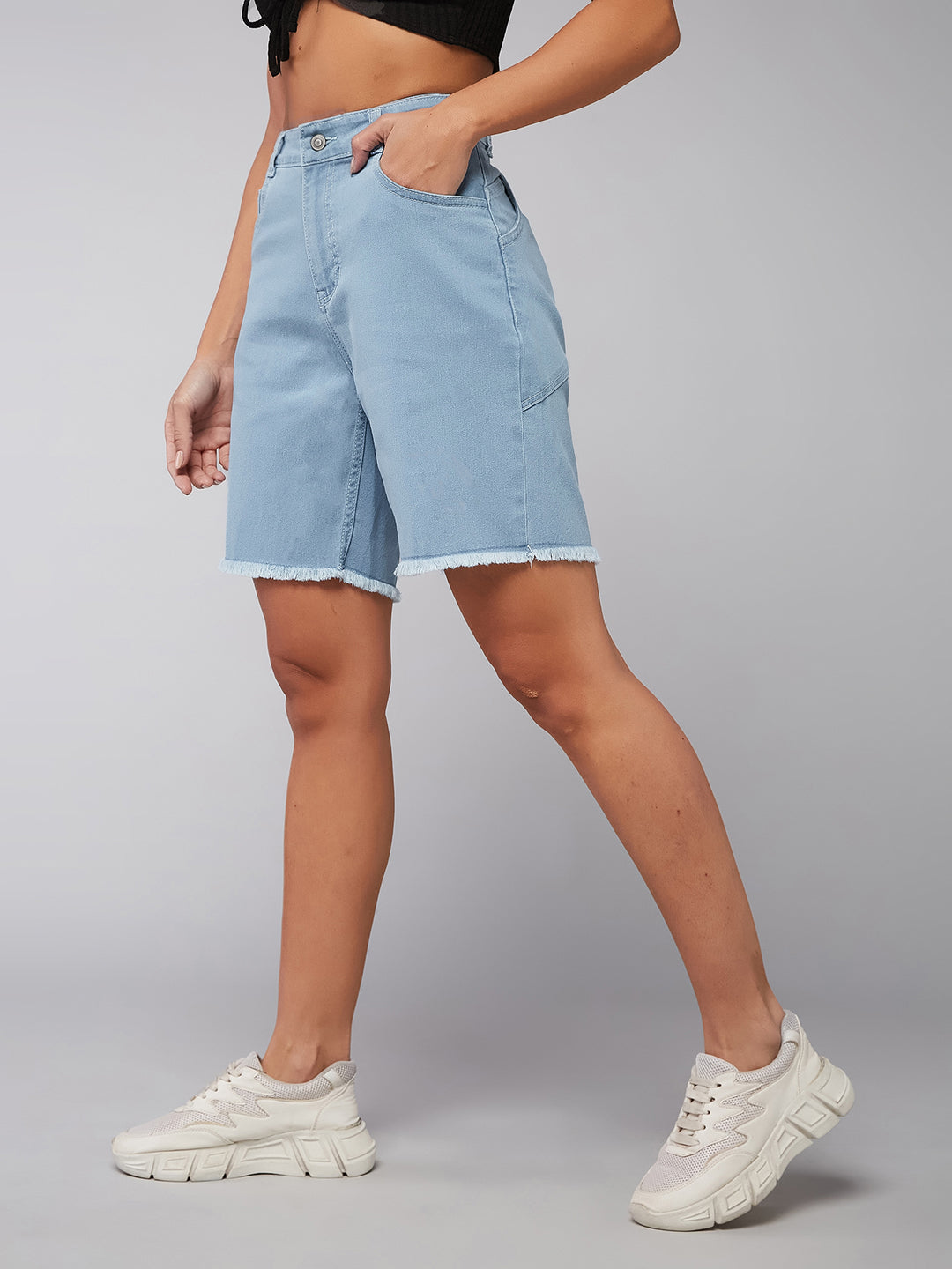 Light-Blue Regular High-Rise Clean-Look Above Knee Stretchable Denim Shorts for Women