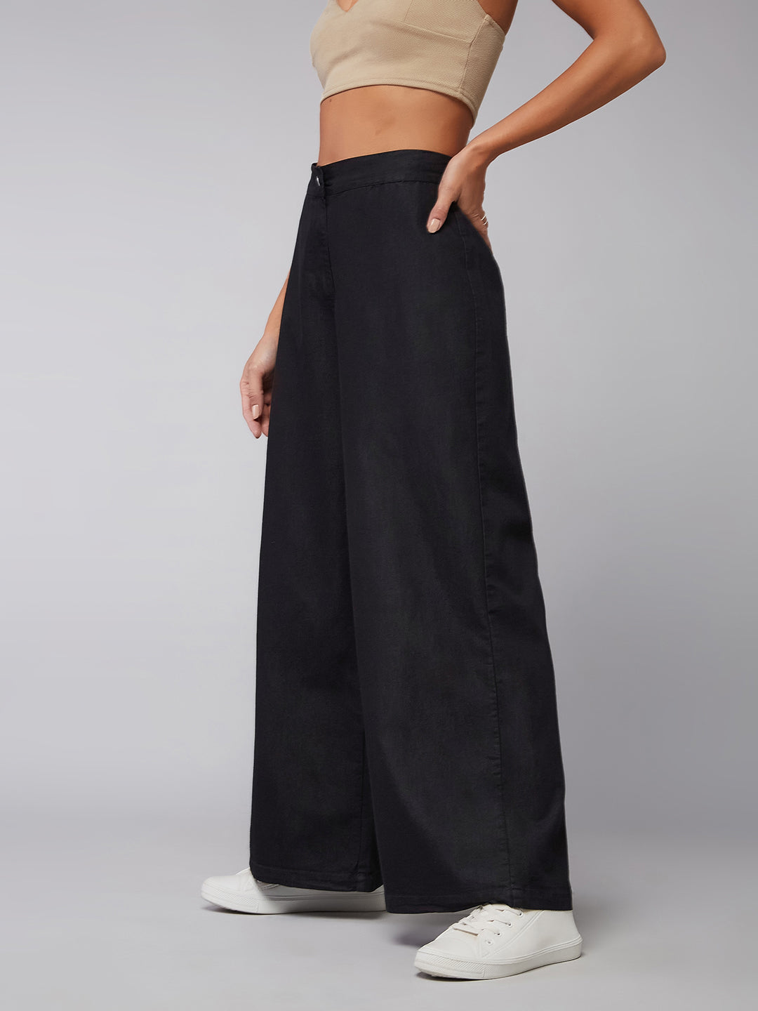 Women's Black Wide-Leg High-Rise Light Weight Clean-Look Regular Length Light Weight Denim Pants