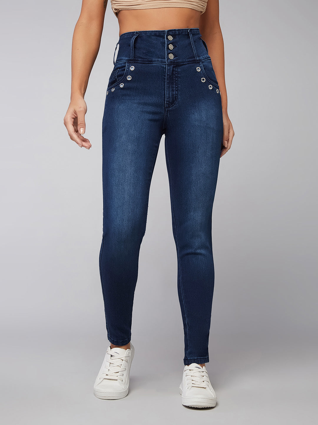 24/7 Comfort Navy Blue Skinny-Fit High-Rise Stretchable Denim Pants