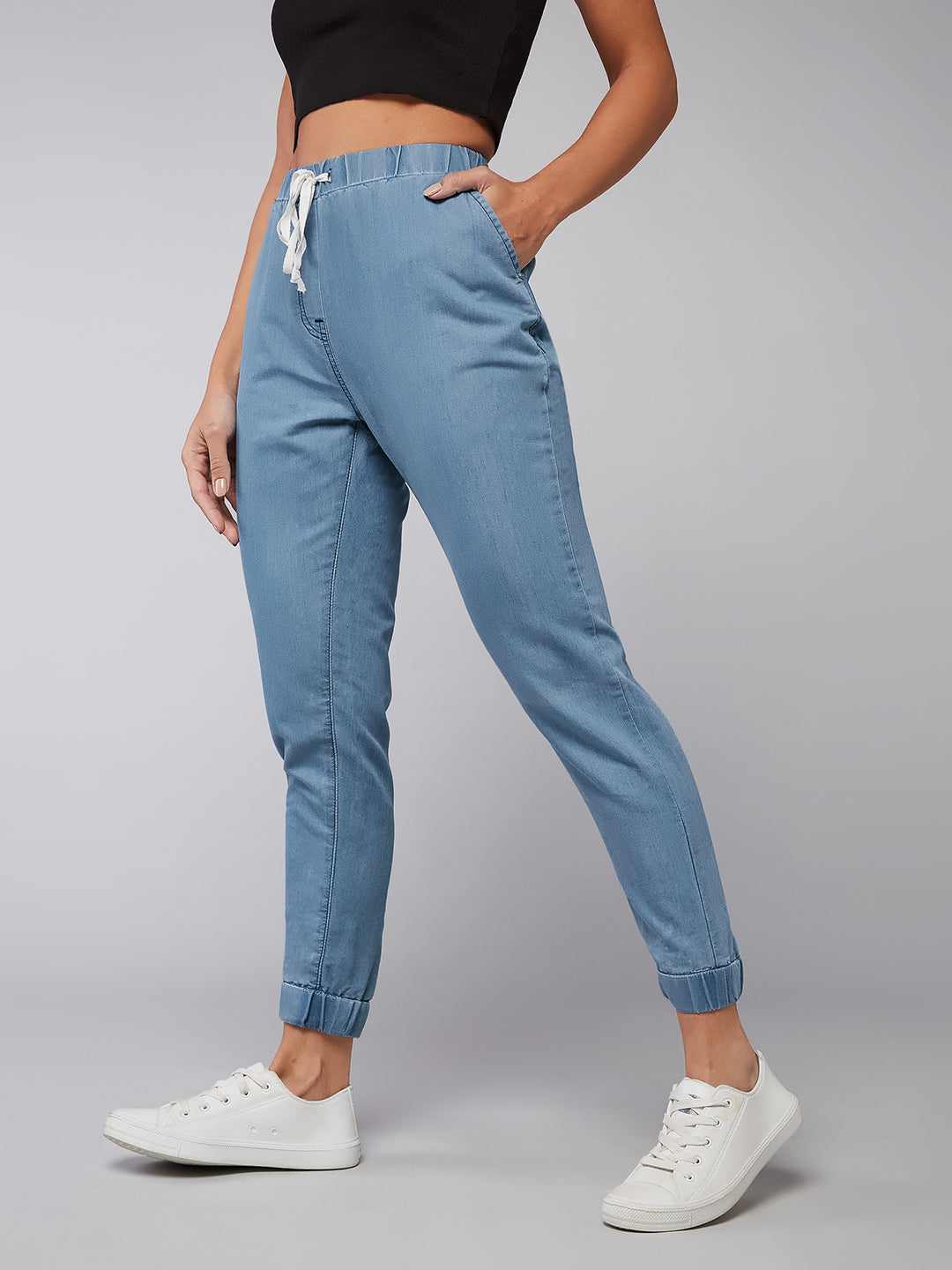 Blue Mid-Rise Non-Stretchable Denim Joggers for Women
