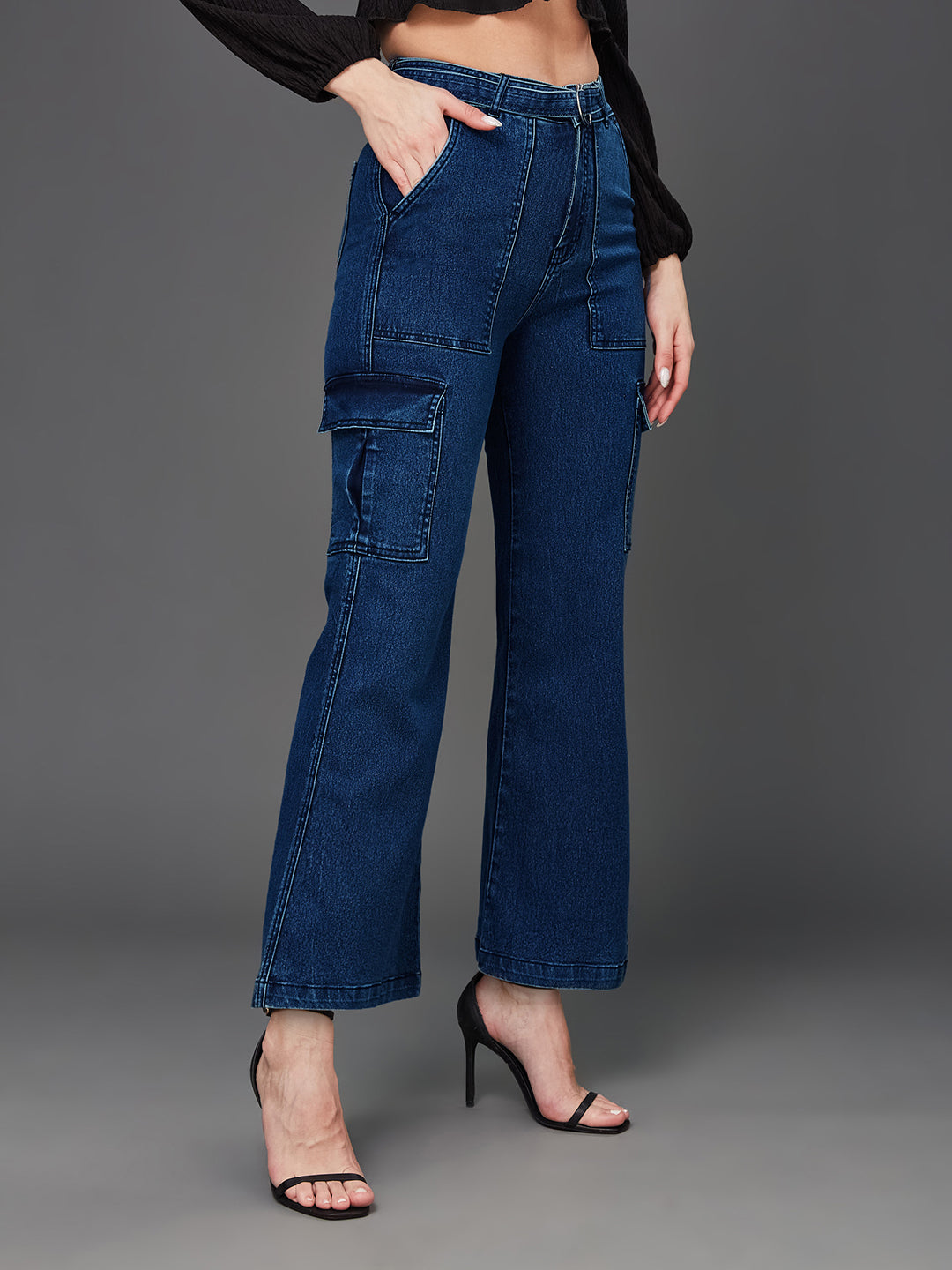 24/7 Comfort Blue Wide-Leg High-Rise Cargo Denim Jeans