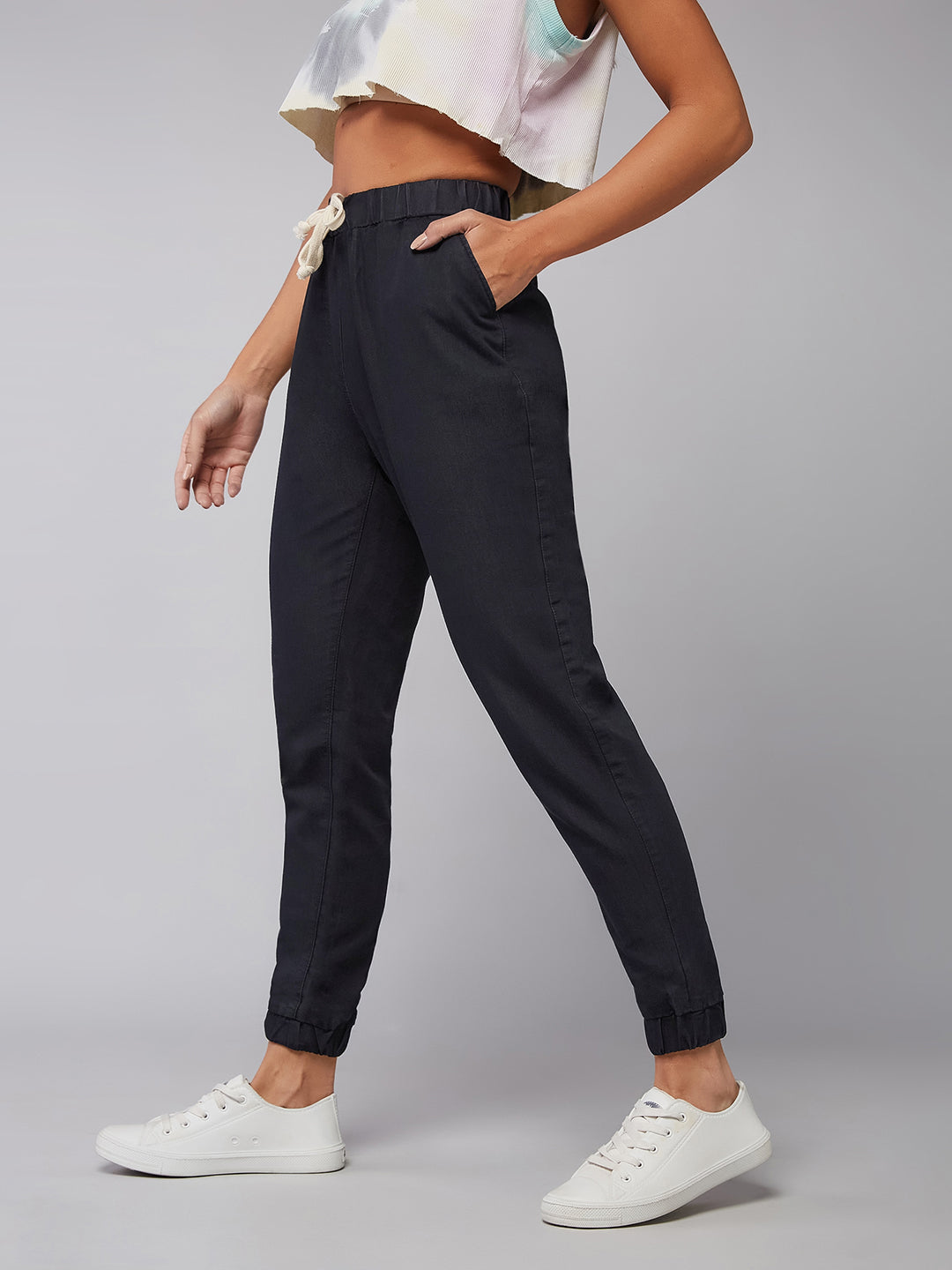 Black Mid-Rise Denim Joggers for Women