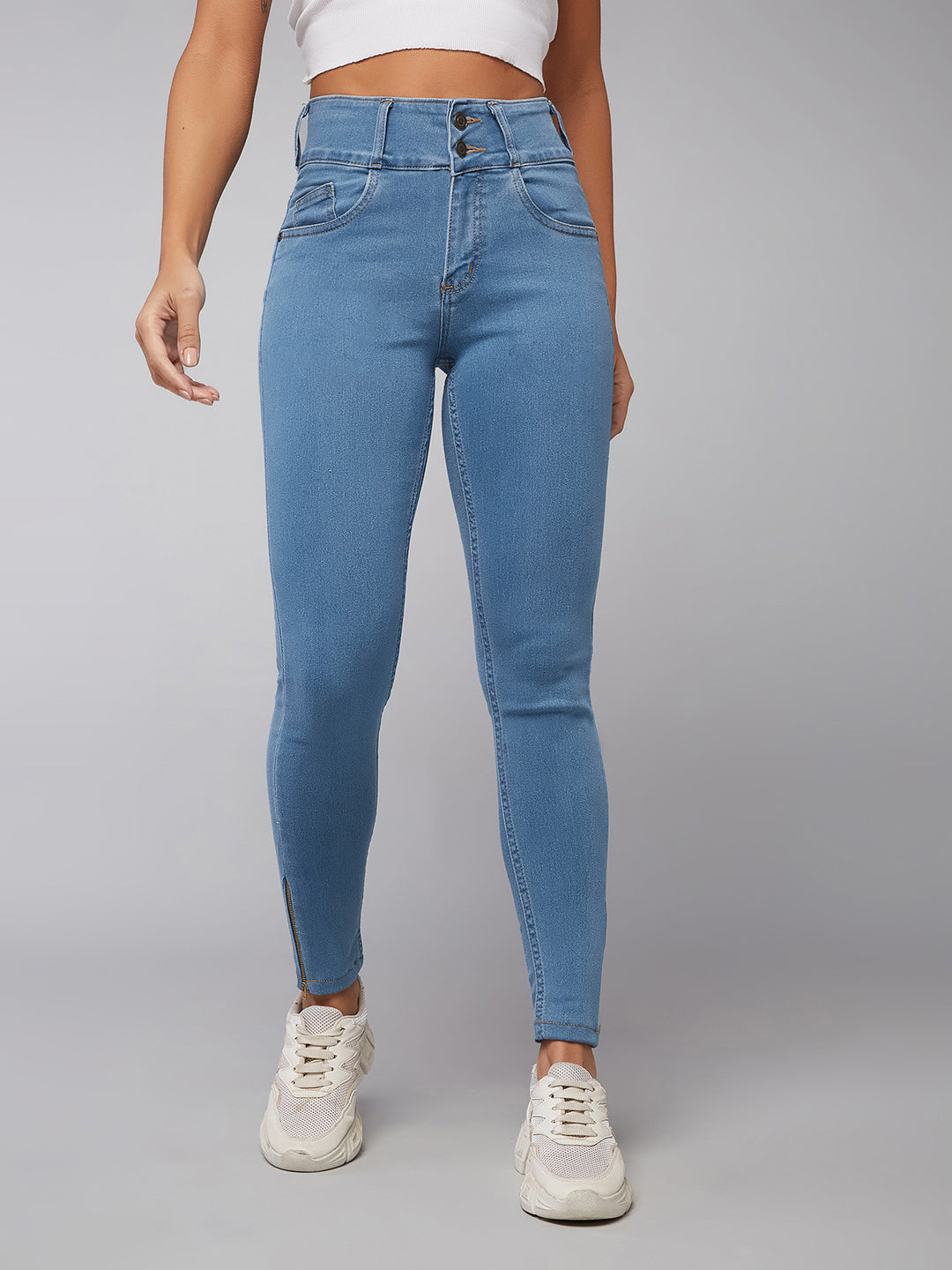 24/7 Comfort Blue Skinny High-Rise Broad Waist Band Zipper Detailing Denim Jeans
