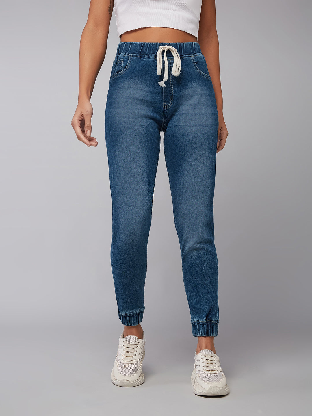 24/7 Comfort Navy Blue Relaxed Fit Mid Rise Scraped Denim Stretchable Jogger Pants