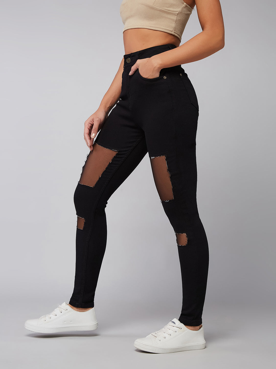 Women's Black Slim-Fit High-Rise Mild Distressed Ripped Detailing Stretchable Denim Jeans