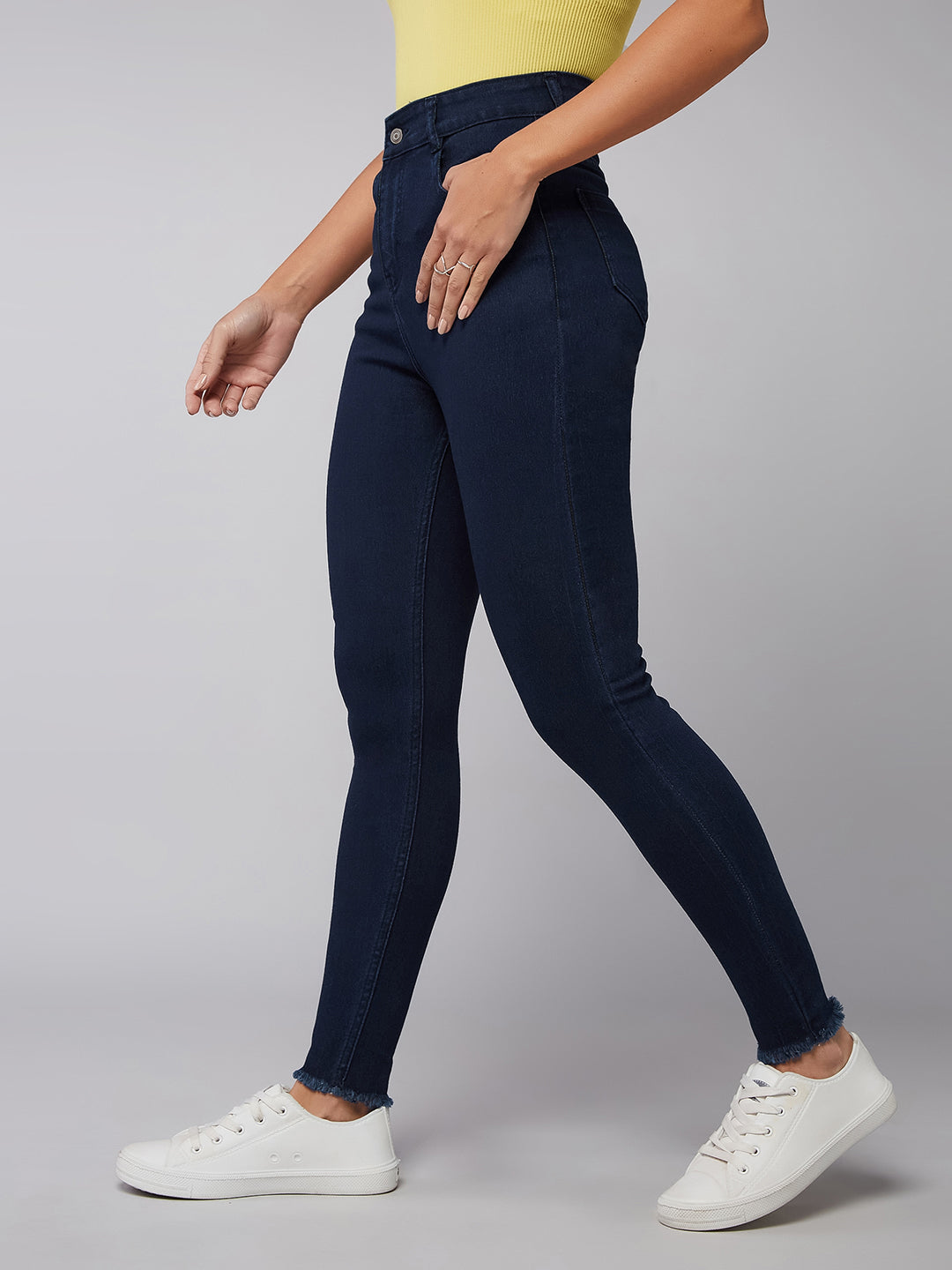 CHASEstretch™ Navy-Blue Skinny High-Rise Solid Fringed Hemline Denim Jeans