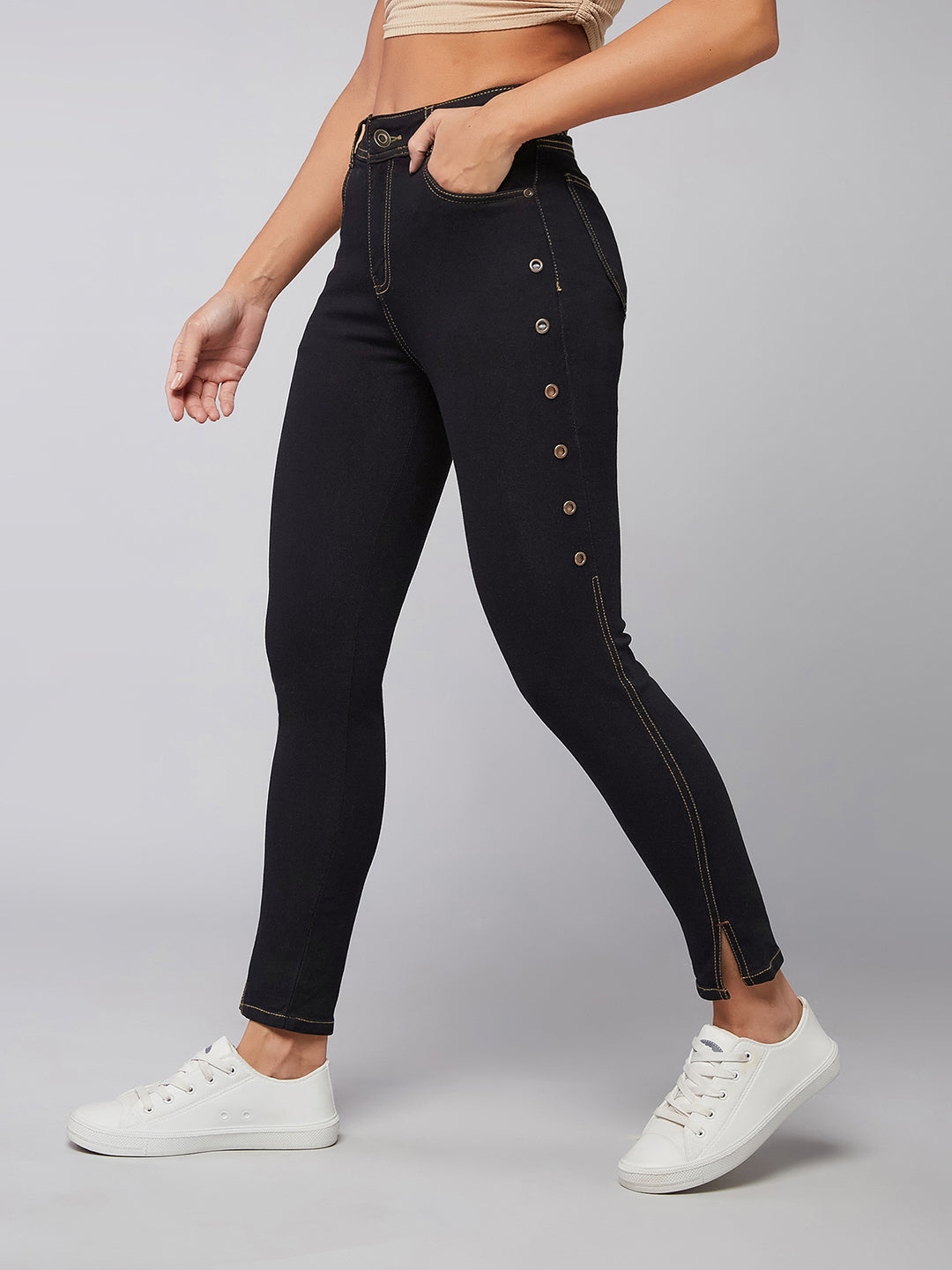 Women's Black Skinny High-Rise Side-Slit Solid Eyelet Embellished Cropped-Length Stretchable Denim Jeans