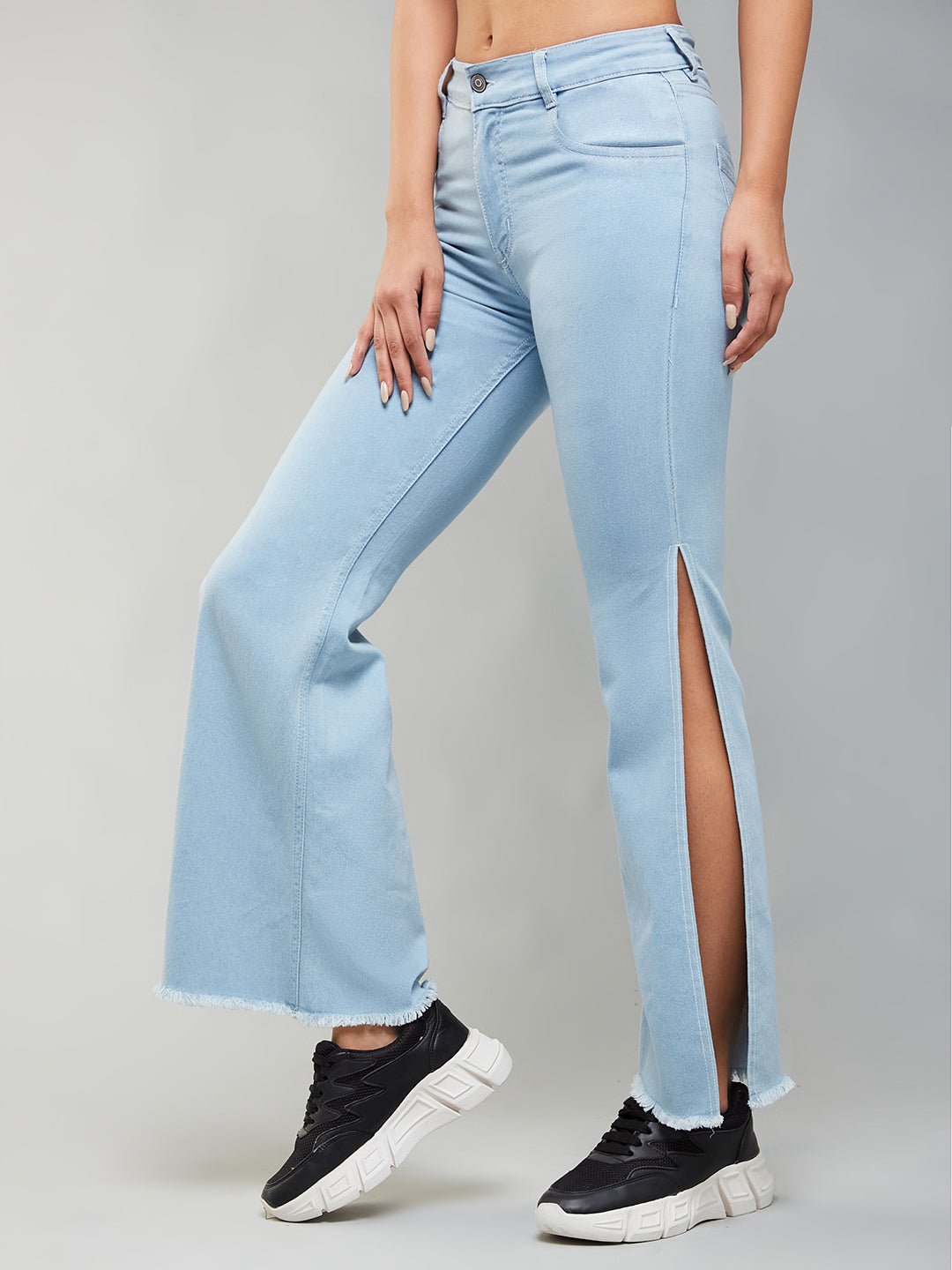 24/7 Comfort Light Blue Bell-Bottom Bootcut Hourglass High-Rise Stretchable Denim Slit Jeans