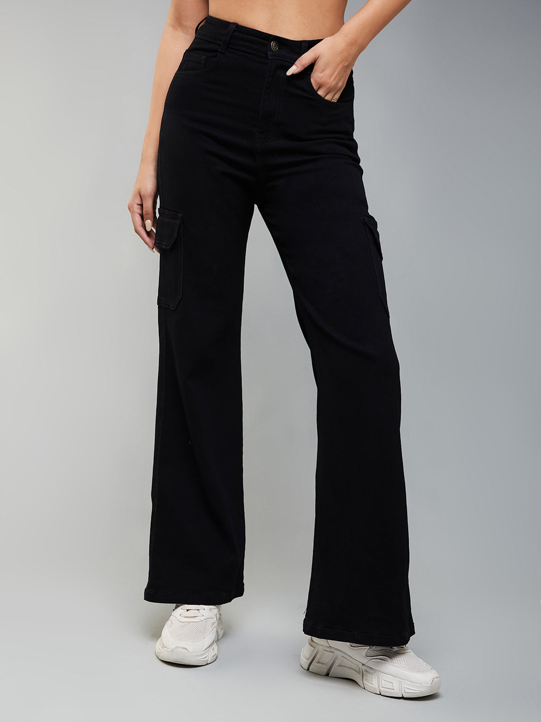 24/7 Comfort Black Wide-Leg High-Rise Patch Pocketed Stretchable Denim Jeans