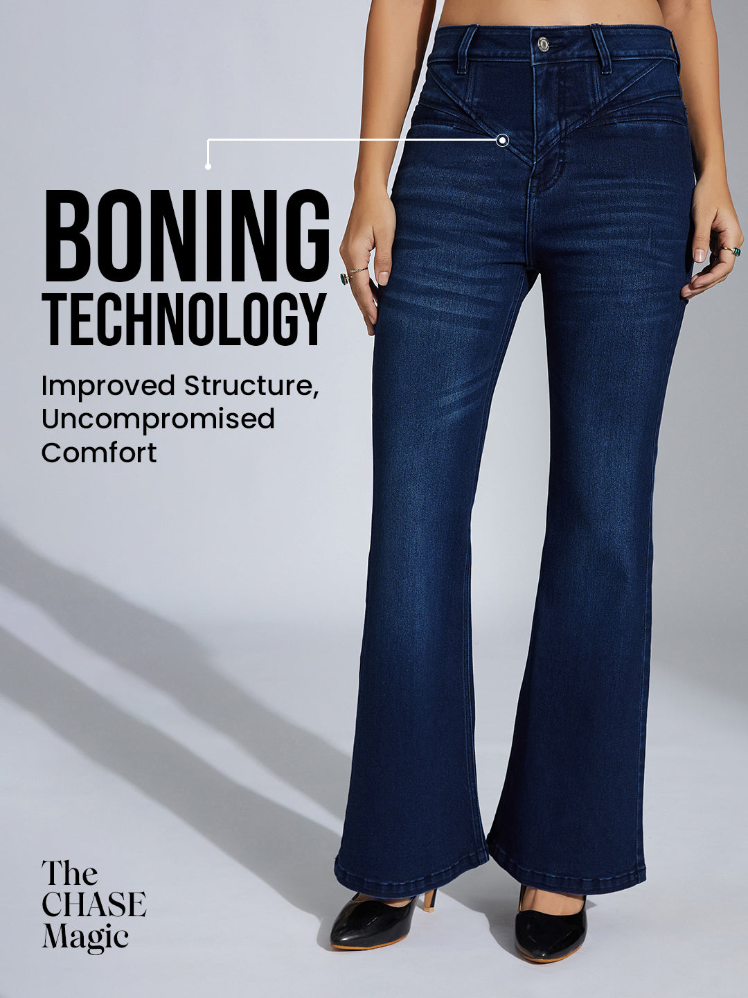 CHASEshape™ Navy-Blue Bootcut High-Rise Stretchable Denim Pocket Jeans