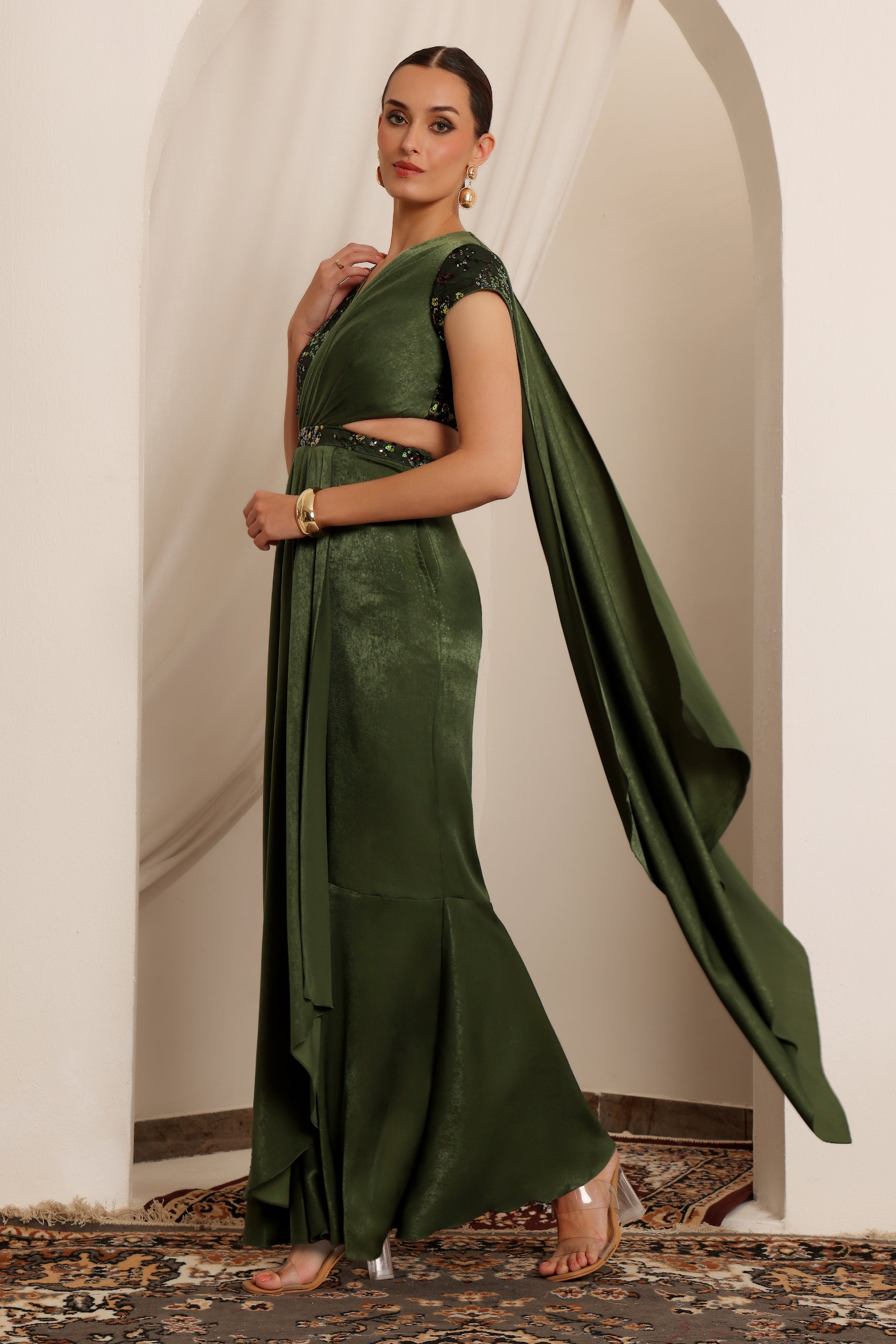 Women's Olive V-Neck Short-Sleeve Embellished Draped Maxi Velvet Dress