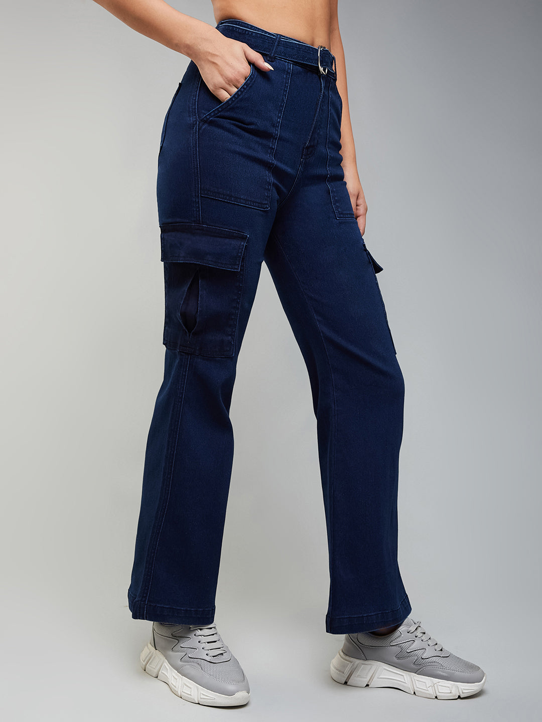 CHASEstretch™ Women's Navy Blue Wide-Leg High-Rise Cargo Denim Jeans