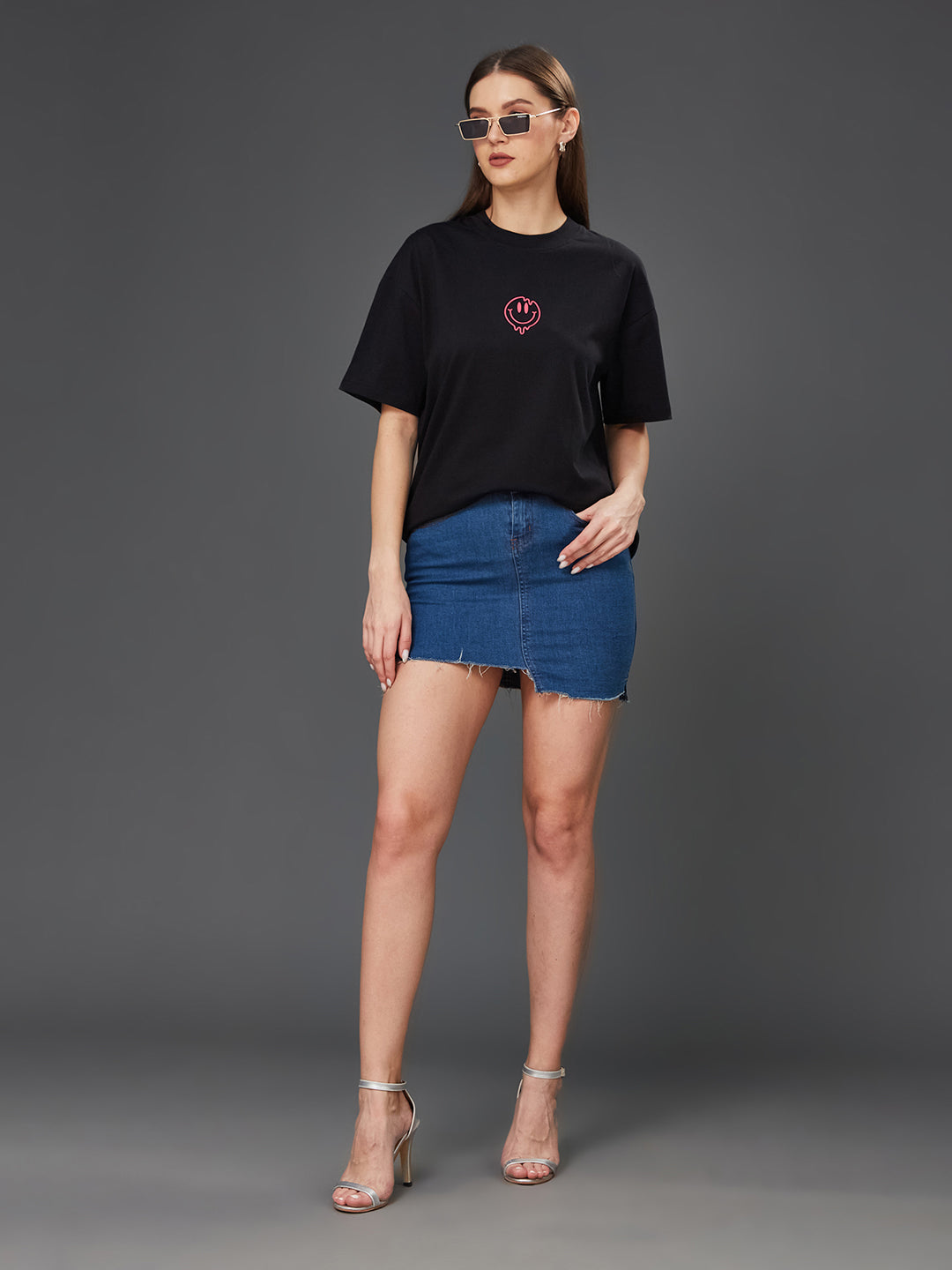 Women's Black Round Neck Half-Sleeve Conversational-Printed Regular-Length Oversized Cotton T-Shirt