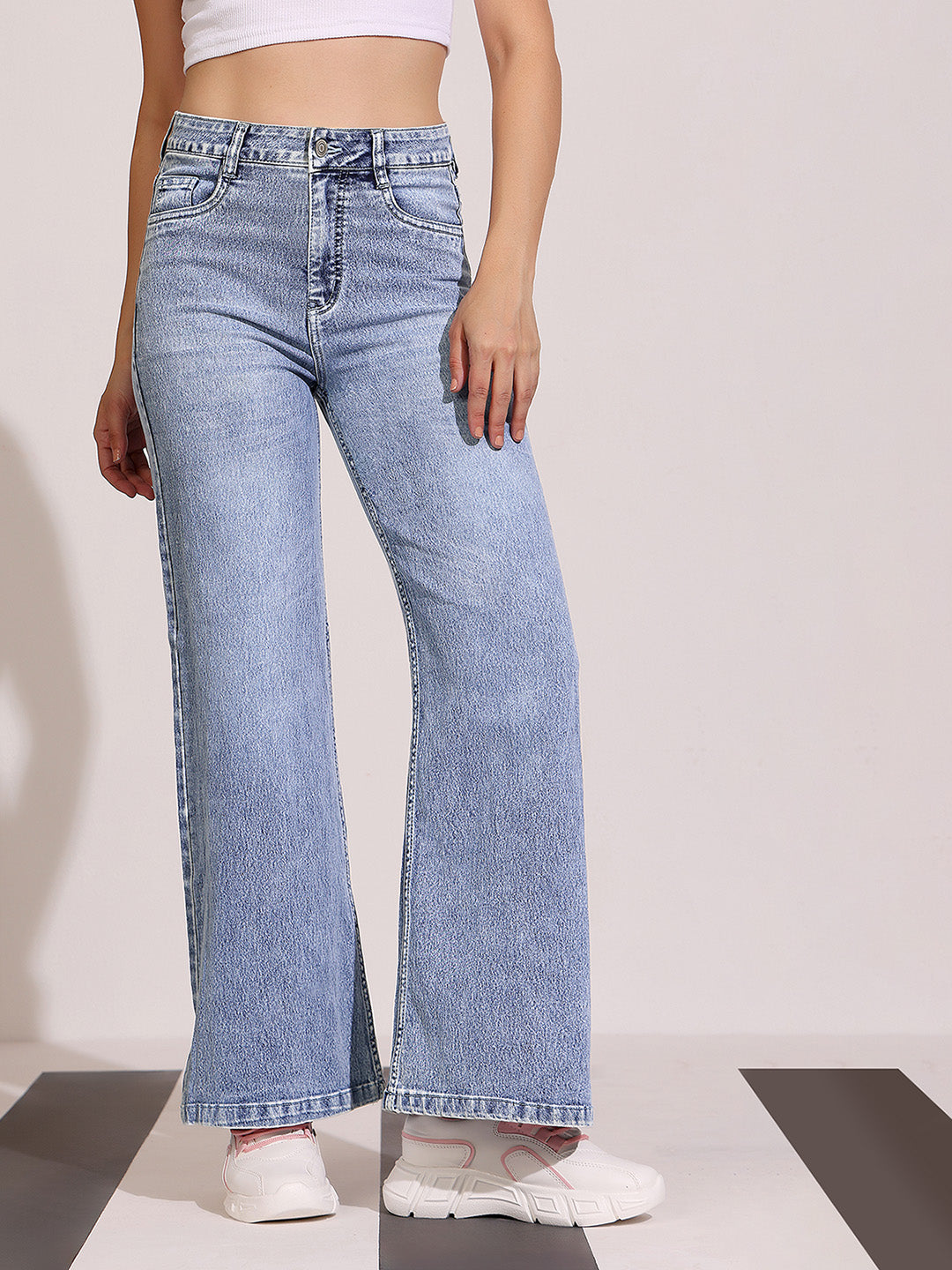 CHASEshape™ Women's Light Blue High-Rise Clean-Look Regular-Length Stretchable Denim Wide Leg Shaping Jeans