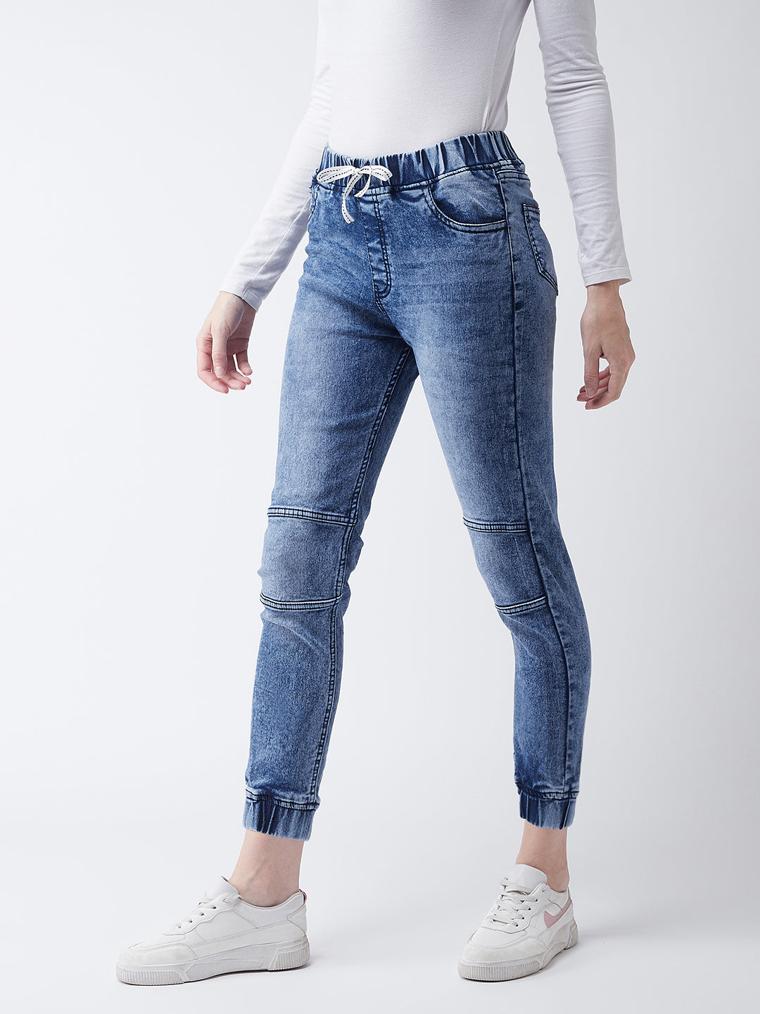 Women's Blue Relaxed Fit Mid Rise Regular Length Denim Stretchable Jogger Pants