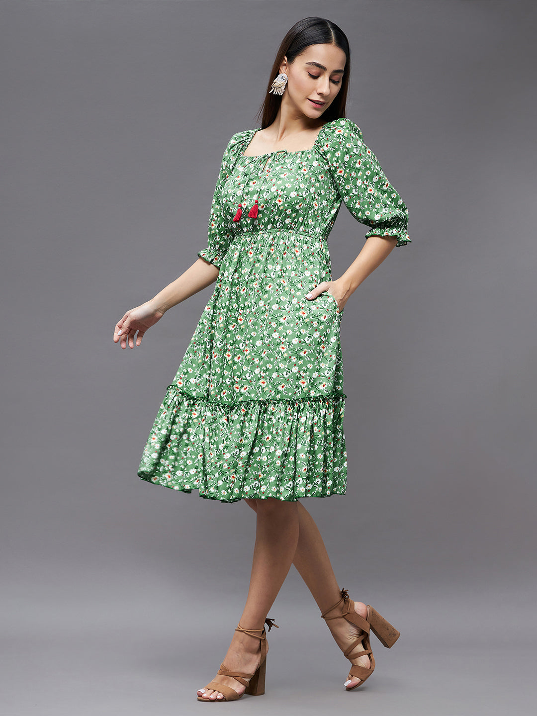 Women's Green Floral Square Neck 3/4 Sleeve Viscose Rayon Ruffled Knee Length Dress