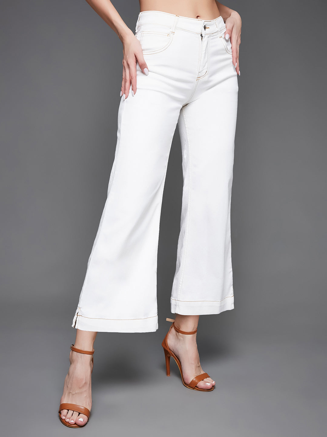 24/7 Comfort White Flared Mid-Rise Ankle length Stretchable Denim Jeans