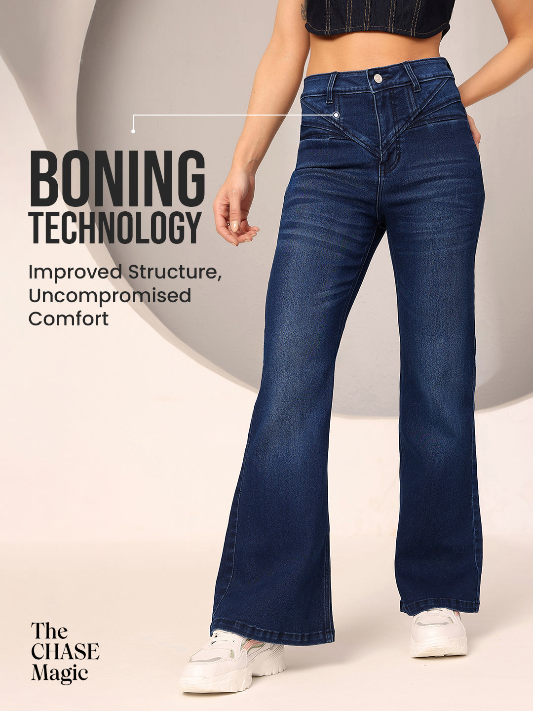 CHASEshape™ Women's Navy Blue Bootcut High Rise Clean Look Regular-Length Stretchable Denim Shaping Jeans