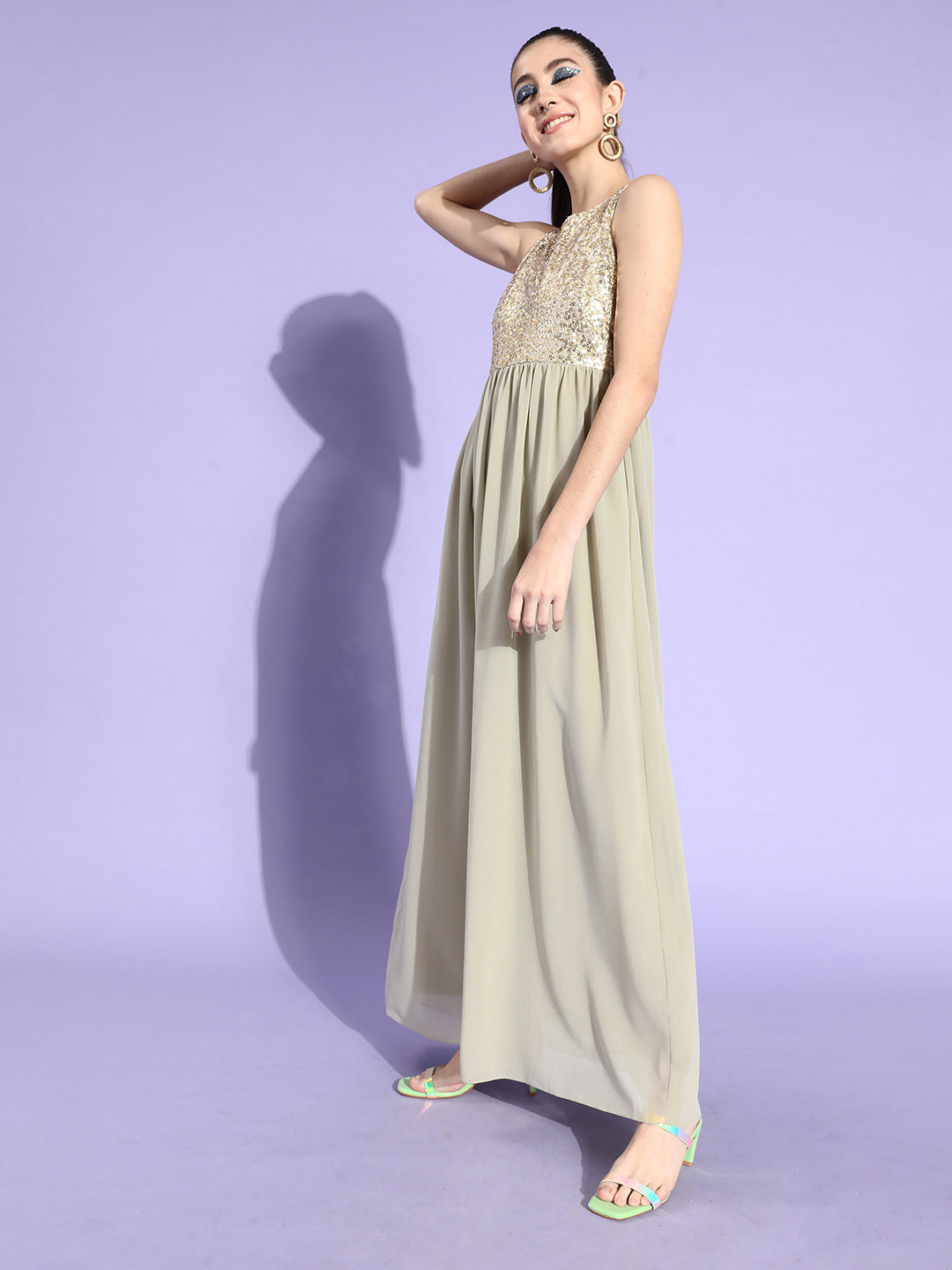 Women's Dusty Green & Golden Solid Embellished Maxi Dress