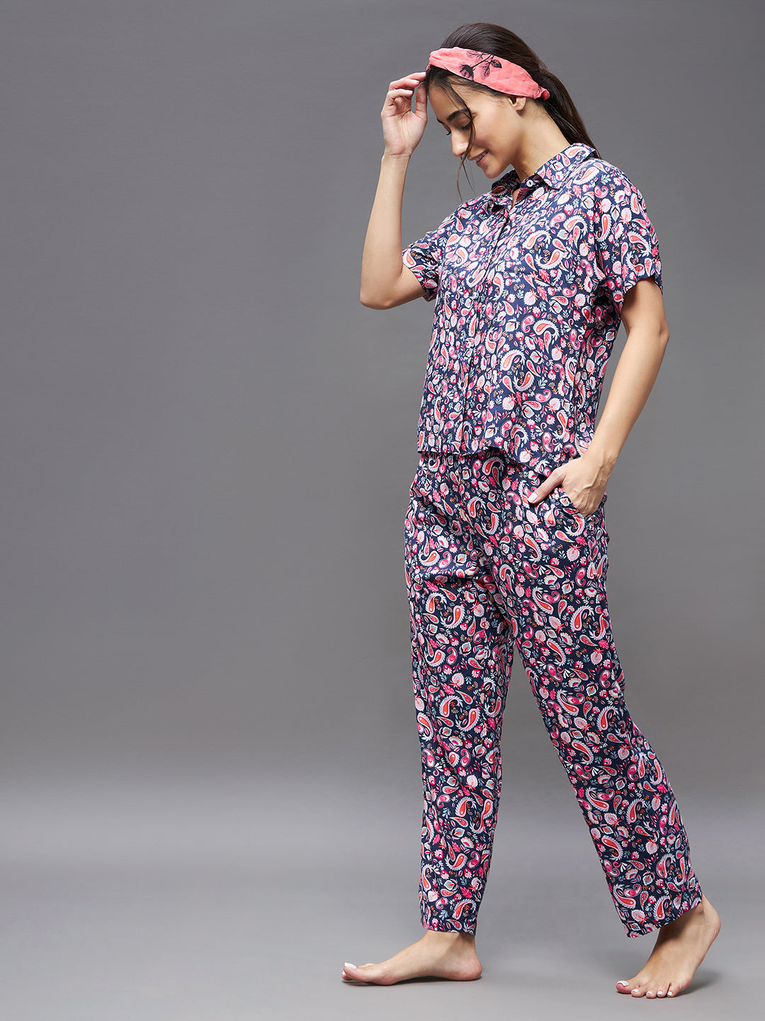 Women's Navy blue and pink V Neck Short Sleeve Printed Shirt collar Regular Top & Pajama Set