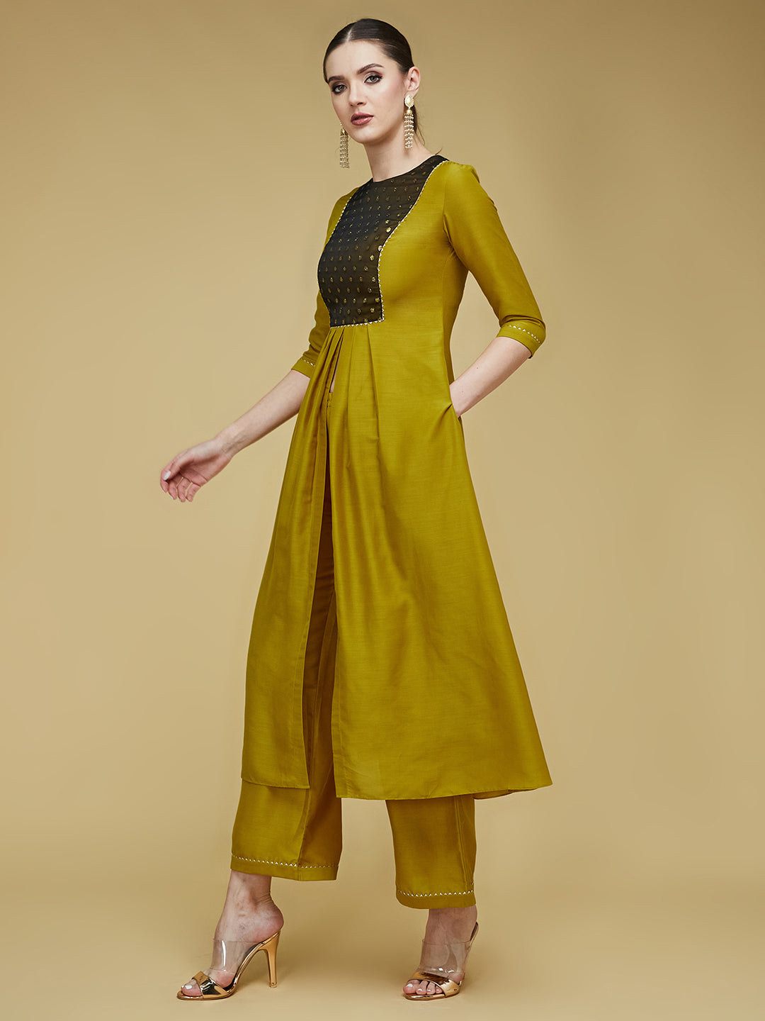 Women's Mustard Round Neck 3/4 Sleeve Self-Designed Pleated Regular-Length Polyester Kurta Set