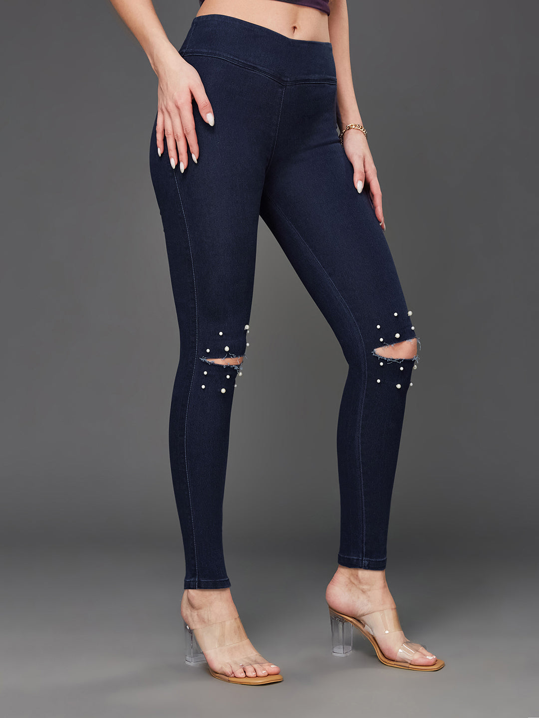Women's Navy-Blue Super Skinny High-Rise Clean-Look Regular Length Knee-Slit Embellished Stretchable Denim Jeggings