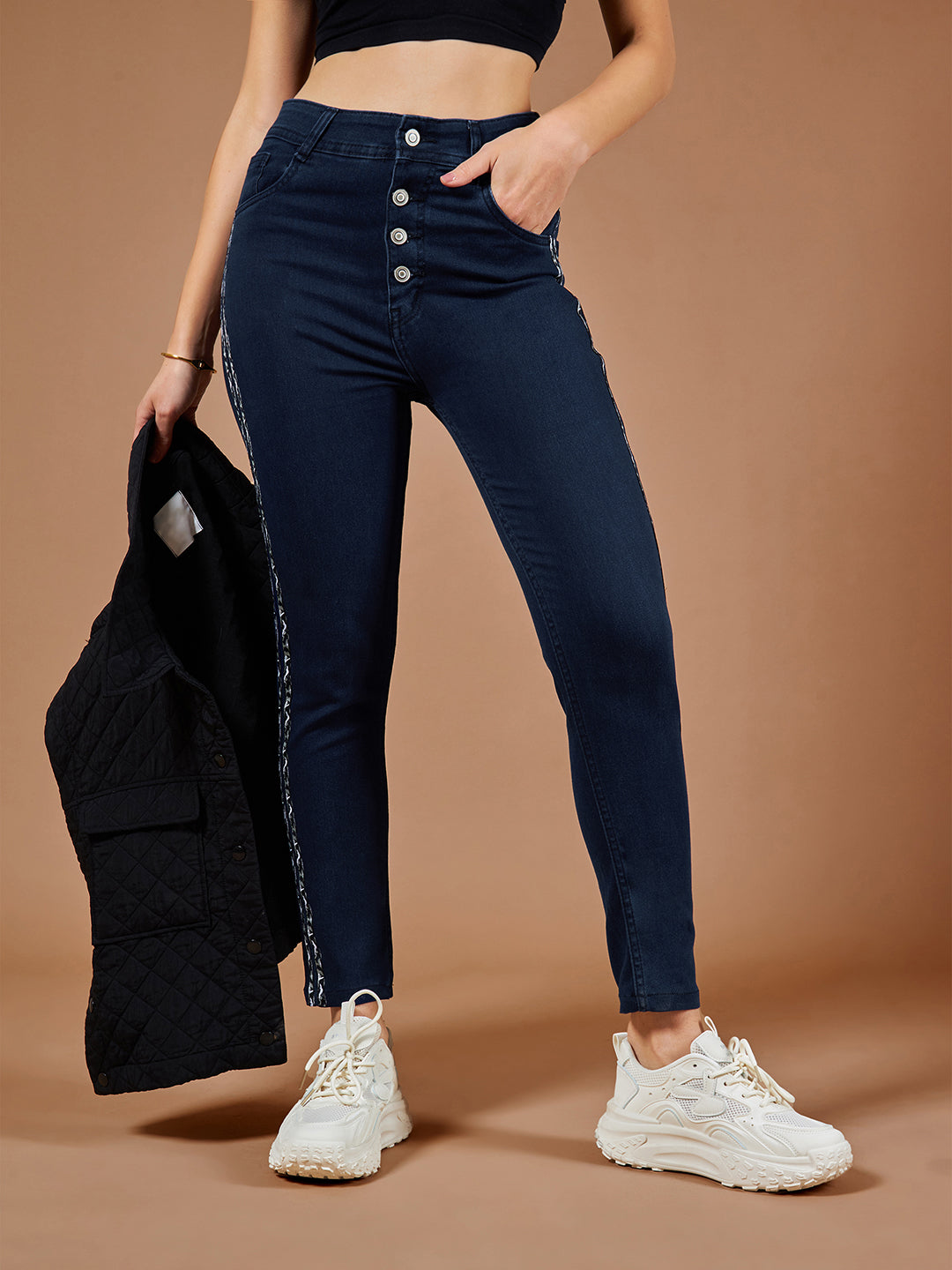 Women's Navy-Blue Skinny High-Rise Cropped Denim Jeans