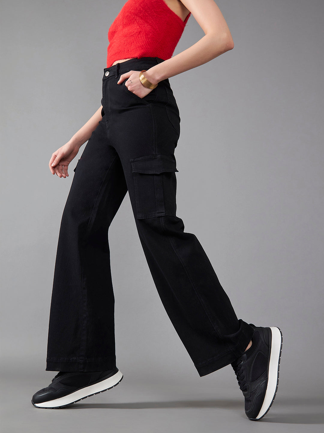 Women's Black Wide-Leg High-Rise Clean-Look Regular-Length Stretchable Denim Jeans